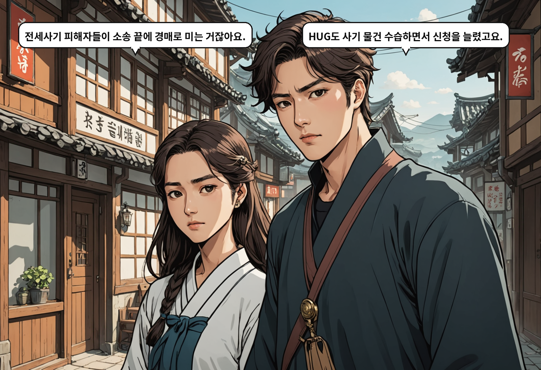 A: 전세사기 피해자들이 소송 끝에 경매로 미는 거잖아요. B: HUG도 사기 물건 수습하면서 신청을 늘렸고요.