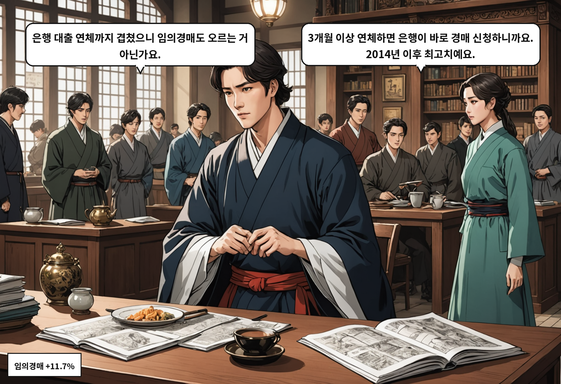 A: 은행 대출 연체까지 겹쳤으니 임의경매도 오르는 거 아닌가요. B: 3개월 이상 연체하면 은행이 바로 경매 신청하니까요. 2014년 이후 최고치예요.