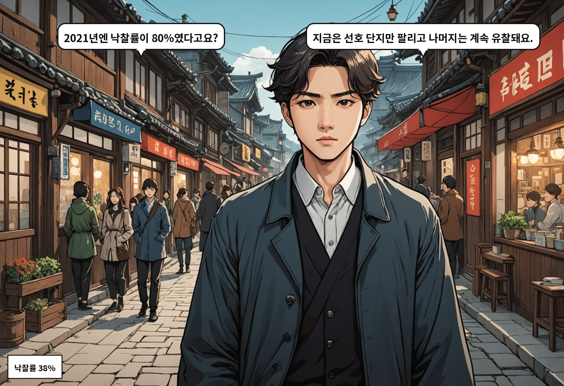 A: 2021년엔 낙찰률이 80%였다고요? B: 지금은 선호 단지만 팔리고 나머지는 계속 유찰돼요.