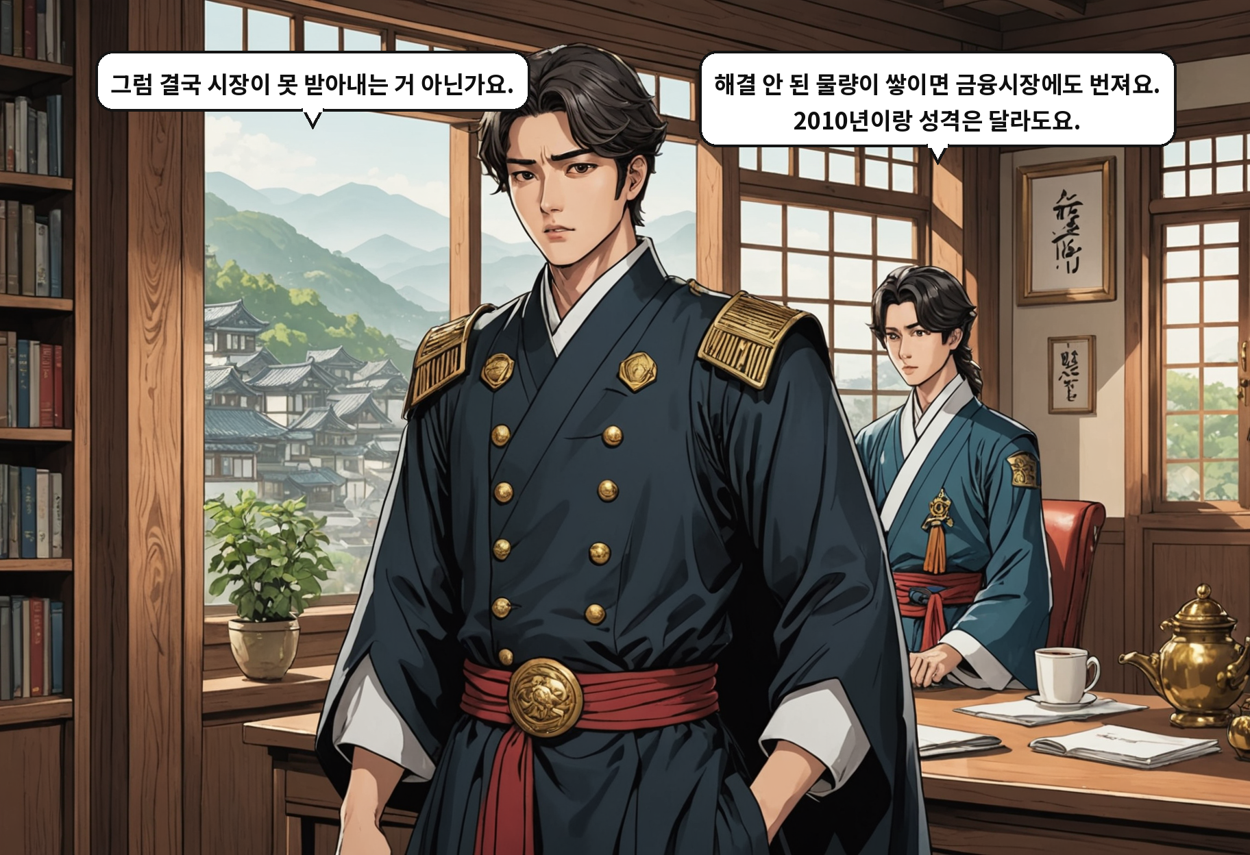 A: 그럼 결국 시장이 못 받아내는 거 아닌가요. B: 해결 안 된 물량이 쌓이면 금융시장에도 번져요. 2010년이랑 성격은 달라도요.