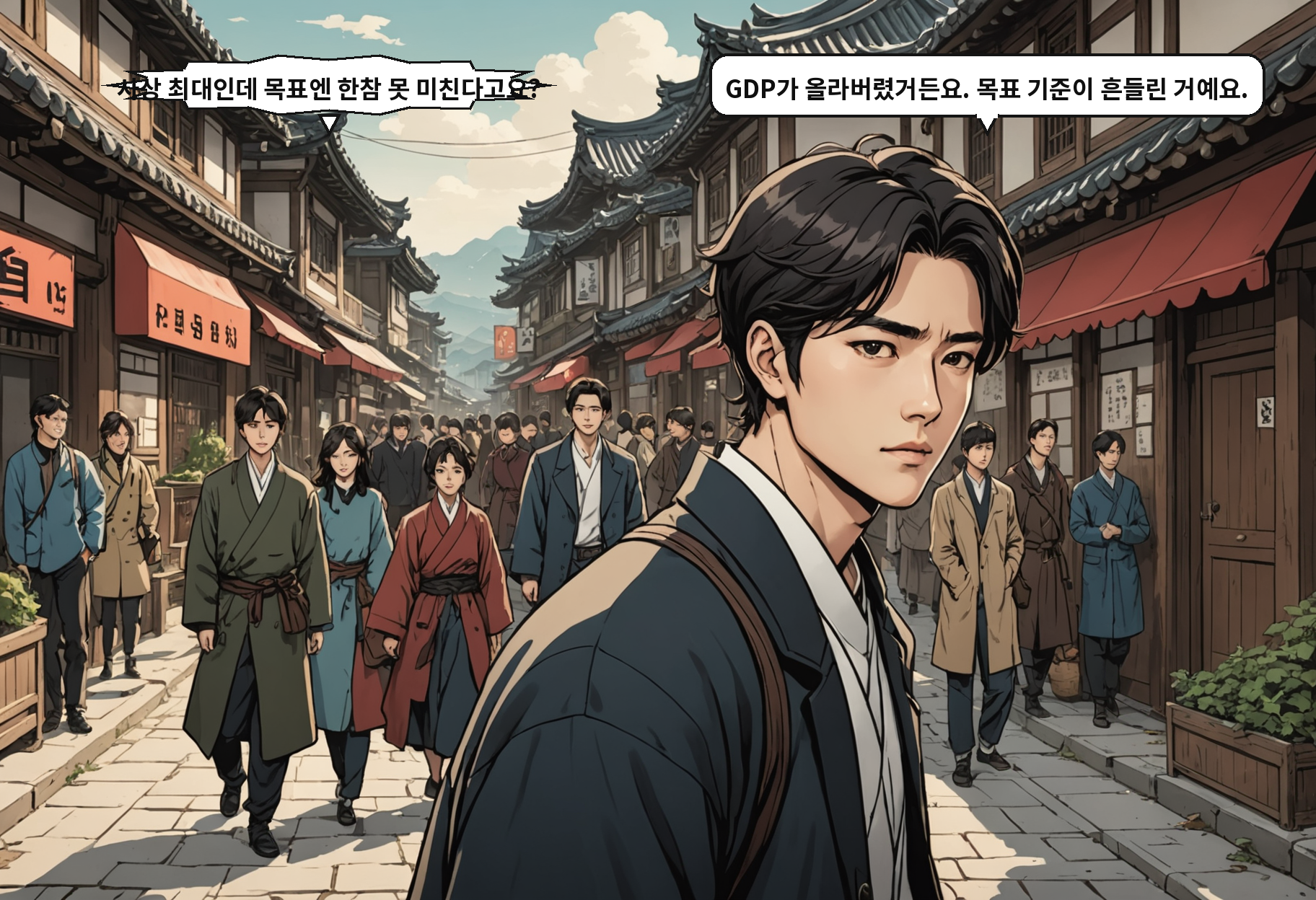 A: 사상 최대인데 목표엔 한참 못 미친다고요? B: GDP가 올라버렸거든요. 목표 기준이 흔들린 거예요.