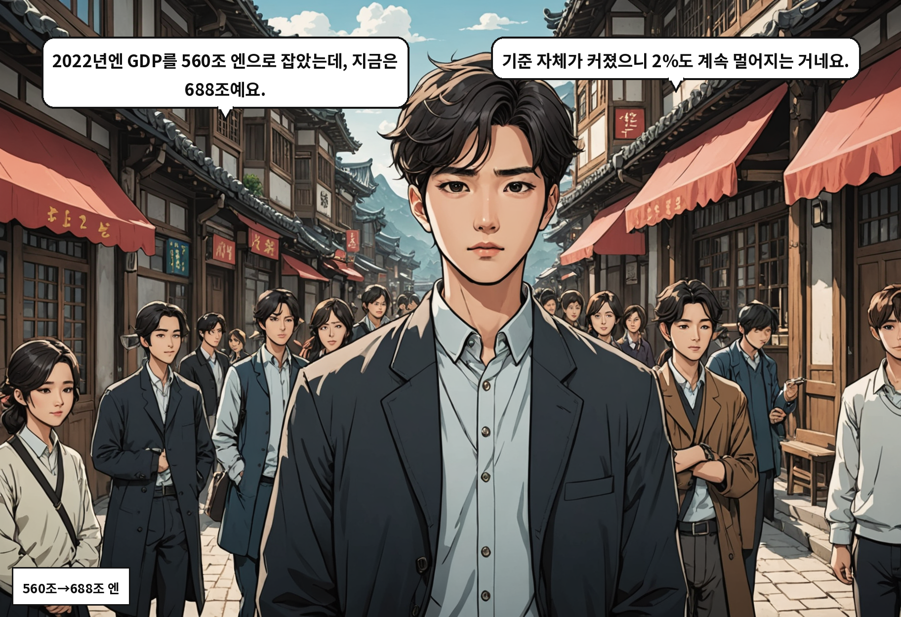 B: 2022년엔 GDP를 560조 엔으로 잡았는데, 지금은 688조예요. A: 기준 자체가 커졌으니 2%도 계속 멀어지는 거네요.