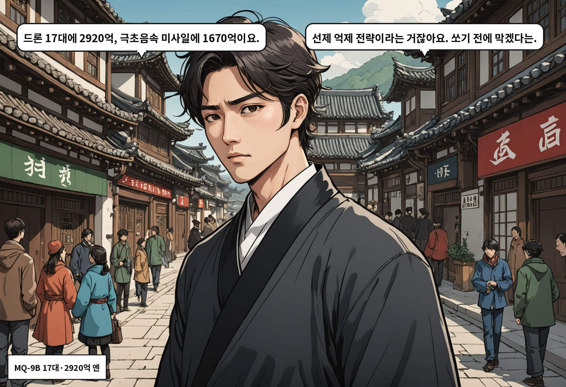 B: 드론 17대에 2920억, 극초음속 미사일에 1670억이요. A: 선제 억제 전략이라는 거잖아요. 쏘기 전에 막겠다는.