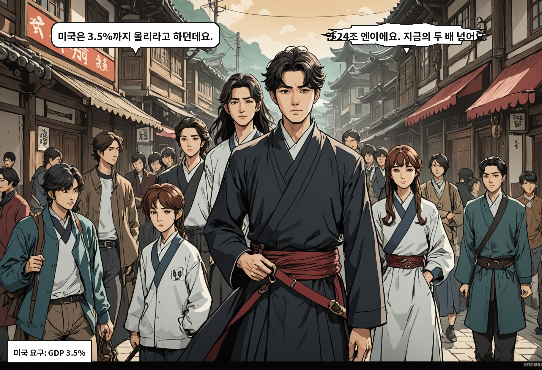 A: 미국은 3.5%까지 올리라고 하던데요. B: 연 24조 엔이에요. 지금의 두 배 넘어요.