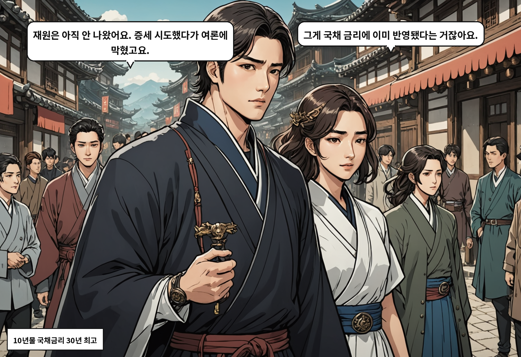 B: 재원은 아직 안 나왔어요. 증세 시도했다가 여론에 막혔고요. A: 그게 국채 금리에 이미 반영됐다는 거잖아요.