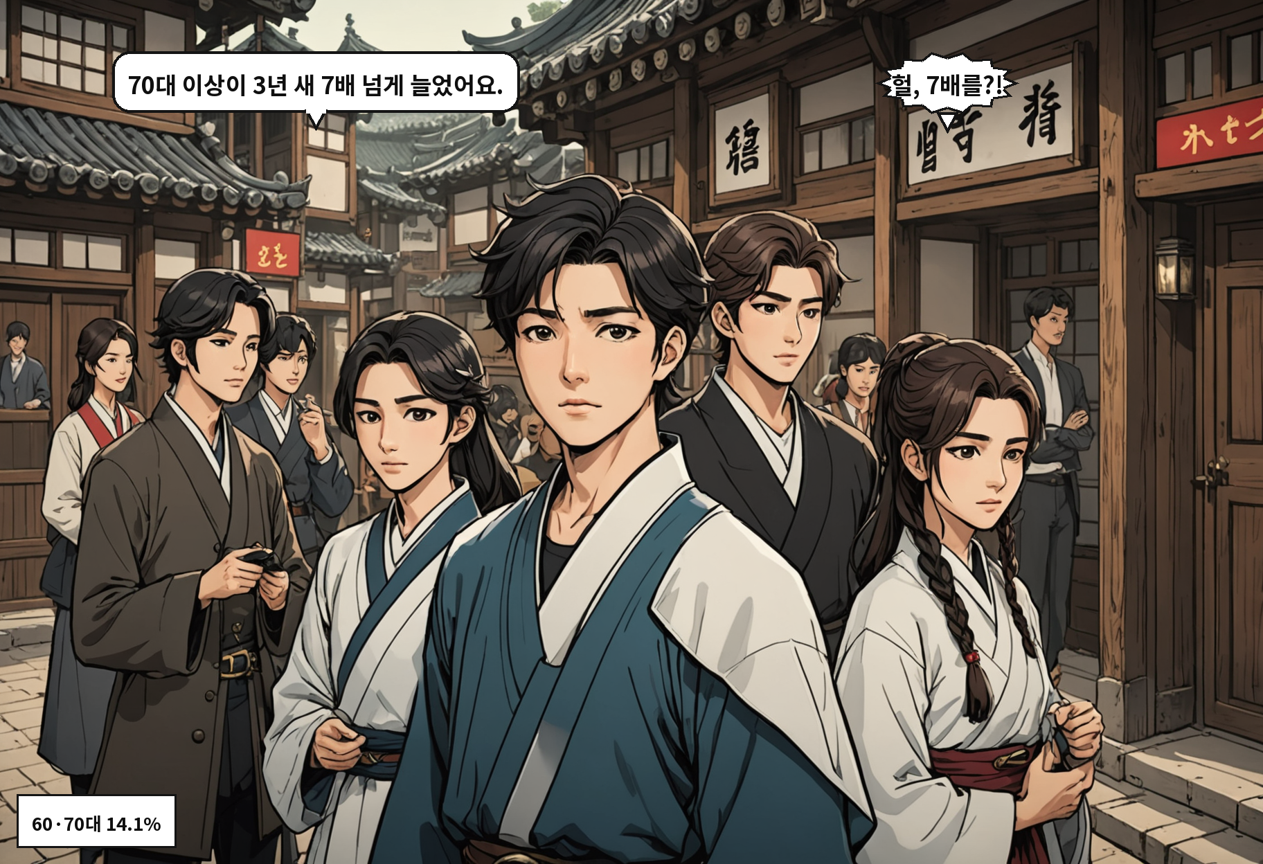 A: 70대 이상이 3년 새 7배 넘게 늘었어요. B: 헐, 7배를?!