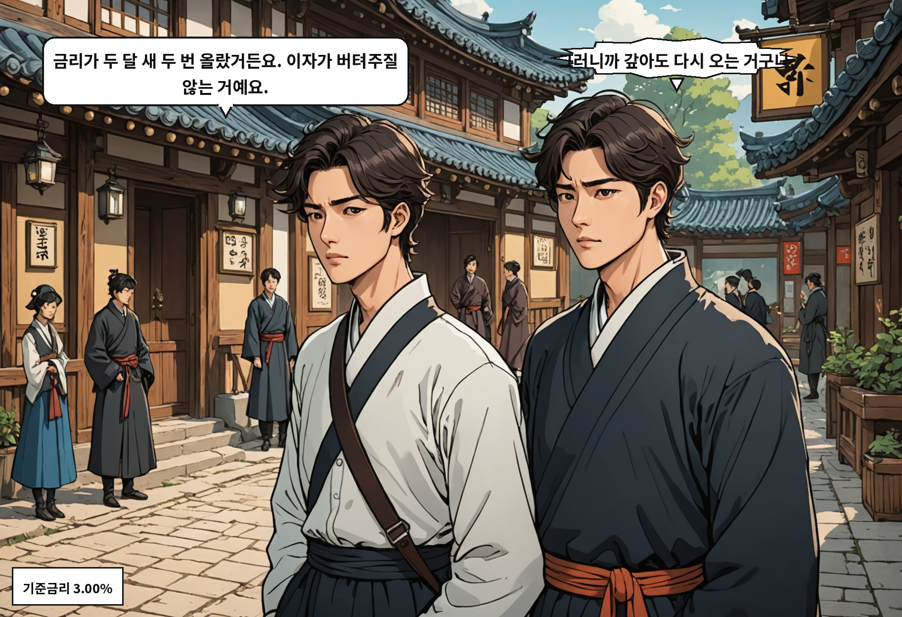 A: 금리가 두 달 새 두 번 올랐거든요. 이자가 버텨주질 않는 거예요. B: 그러니까 갚아도 다시 오는 거구나.