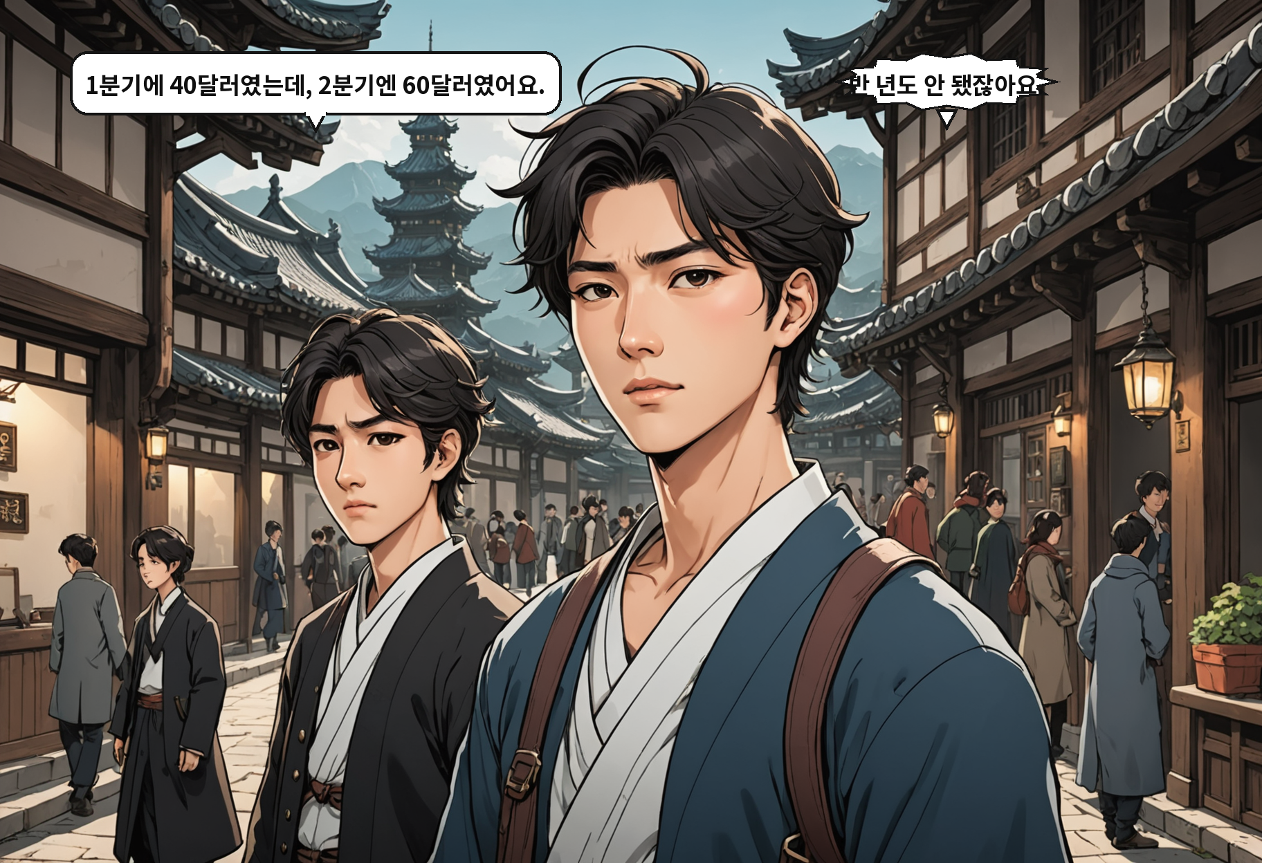 B: 1분기에 40달러였는데, 2분기엔 60달러였어요. A: 반 년도 안 됐잖아요.
