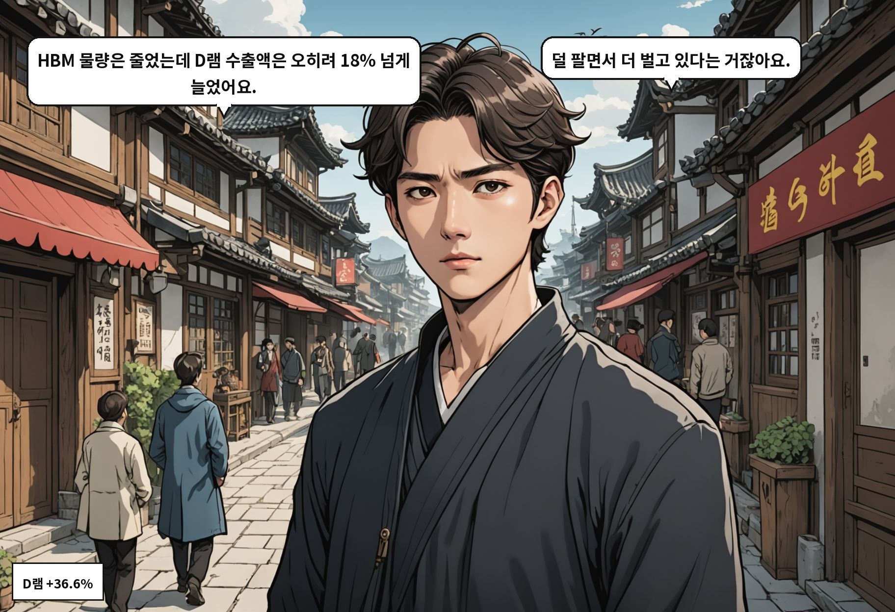 B: HBM 물량은 줄었는데 D램 수출액은 오히려 18% 넘게 늘었어요. A: 덜 팔면서 더 벌고 있다는 거잖아요.