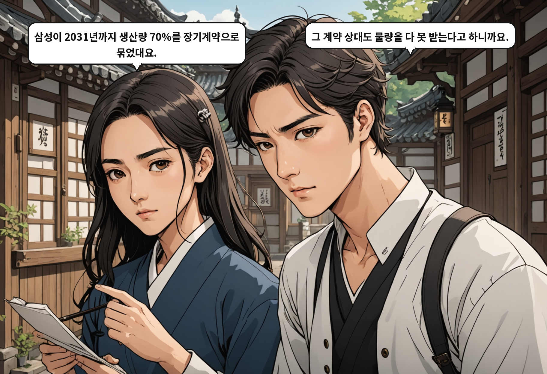A: 삼성이 2031년까지 생산량 70%를 장기계약으로 묶었대요. B: 그 계약 상대도 물량을 다 못 받는다고 하니까요.
