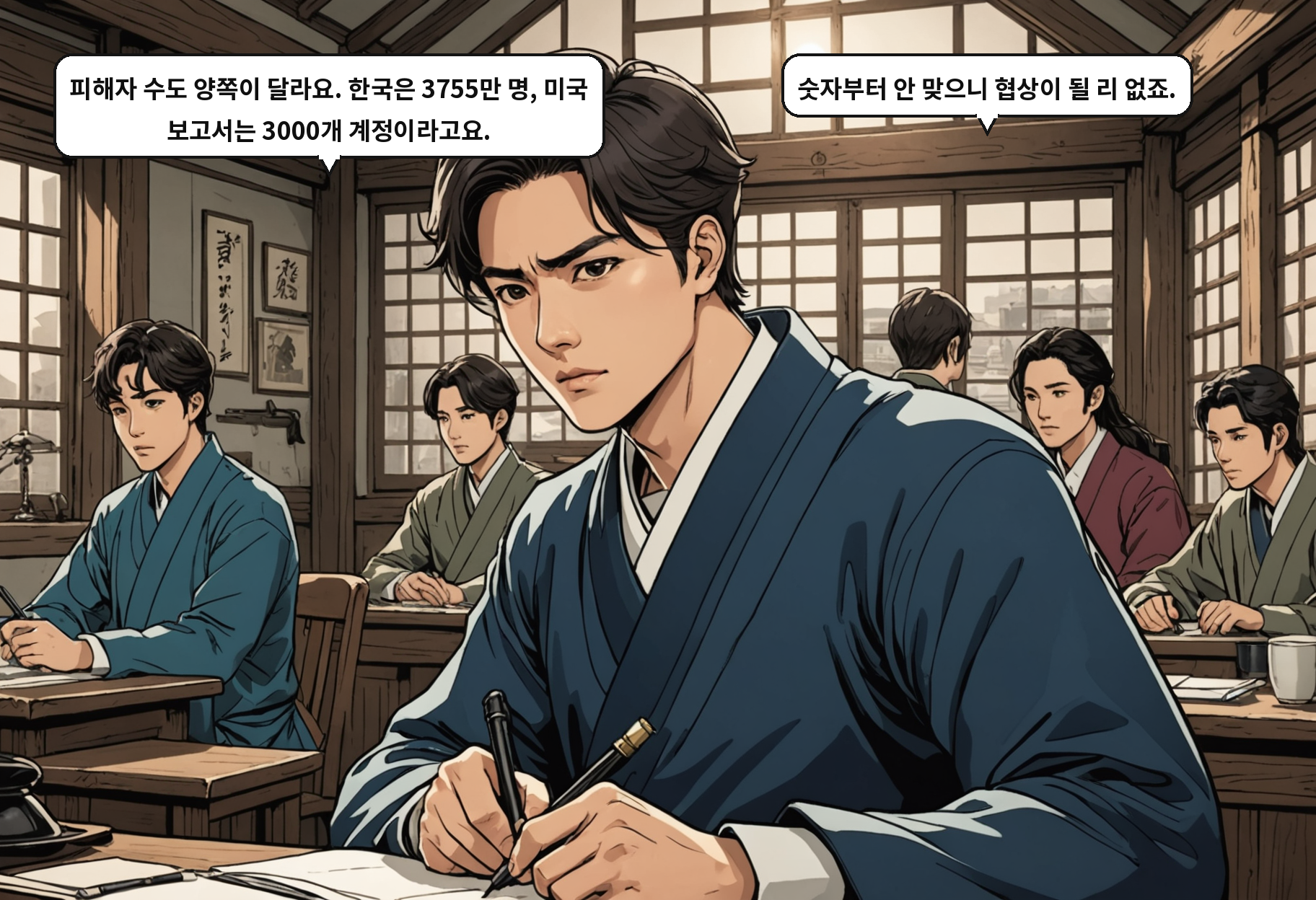 A: 피해자 수도 양쪽이 달라요. 한국은 3755만 명, 미국 보고서는 3000개 계정이라고요. B: 숫자부터 안 맞으니 협상이 될 리 없죠.