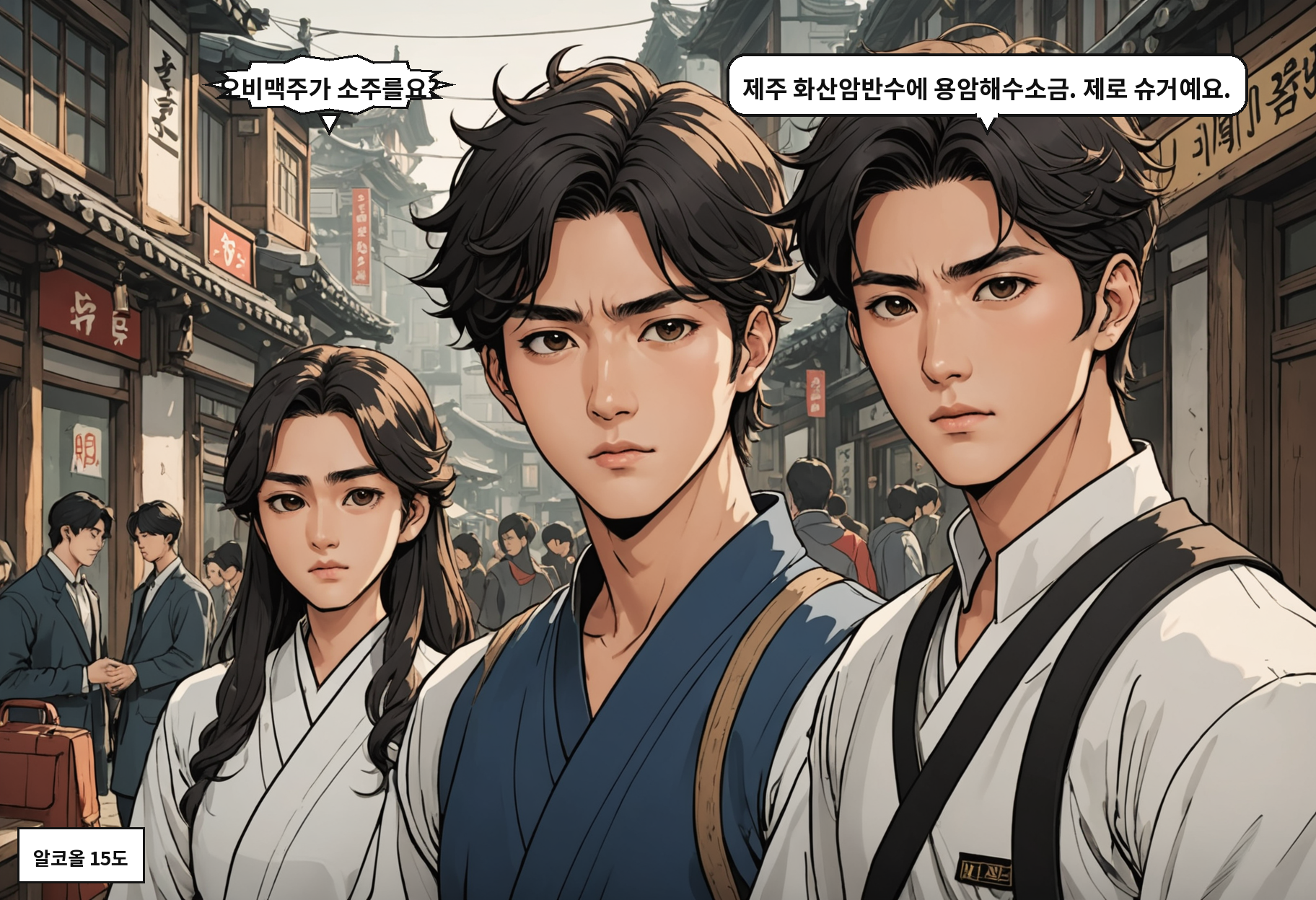 A: 오비맥주가 소주를요? B: 제주 화산암반수에 용암해수소금. 제로 슈거예요.