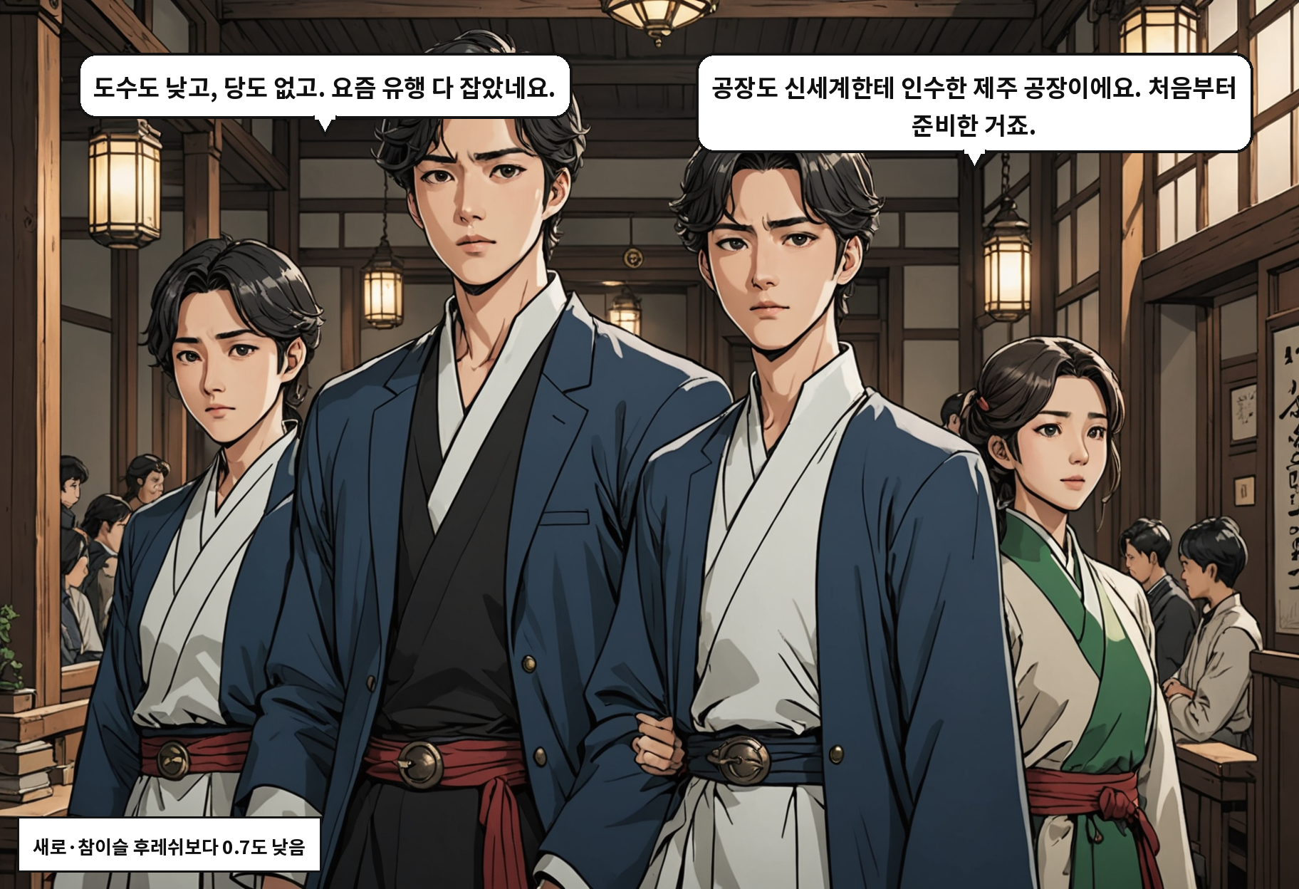 A: 도수도 낮고, 당도 없고. 요즘 유행 다 잡았네요. B: 공장도 신세계한테 인수한 제주 공장이에요. 처음부터 준비한 거죠.
