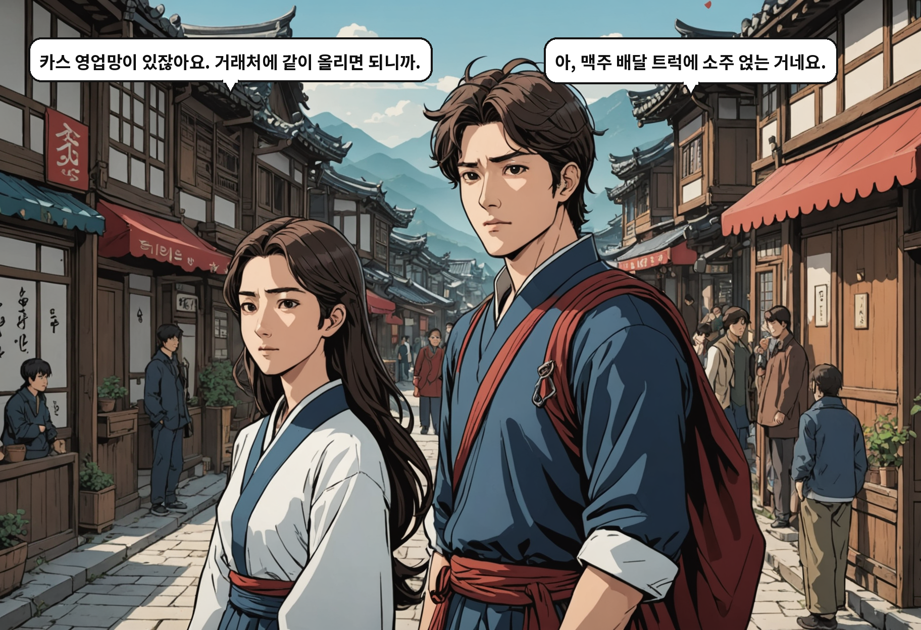 B: 카스 영업망이 있잖아요. 거래처에 같이 올리면 되니까. A: 아, 맥주 배달 트럭에 소주 얹는 거네요.