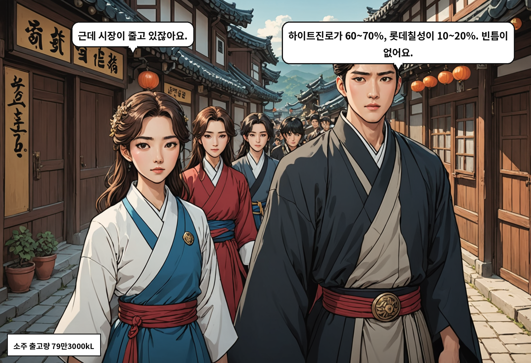 A: 근데 시장이 줄고 있잖아요. B: 하이트진로가 60~70%, 롯데칠성이 10~20%. 빈틈이 없어요.