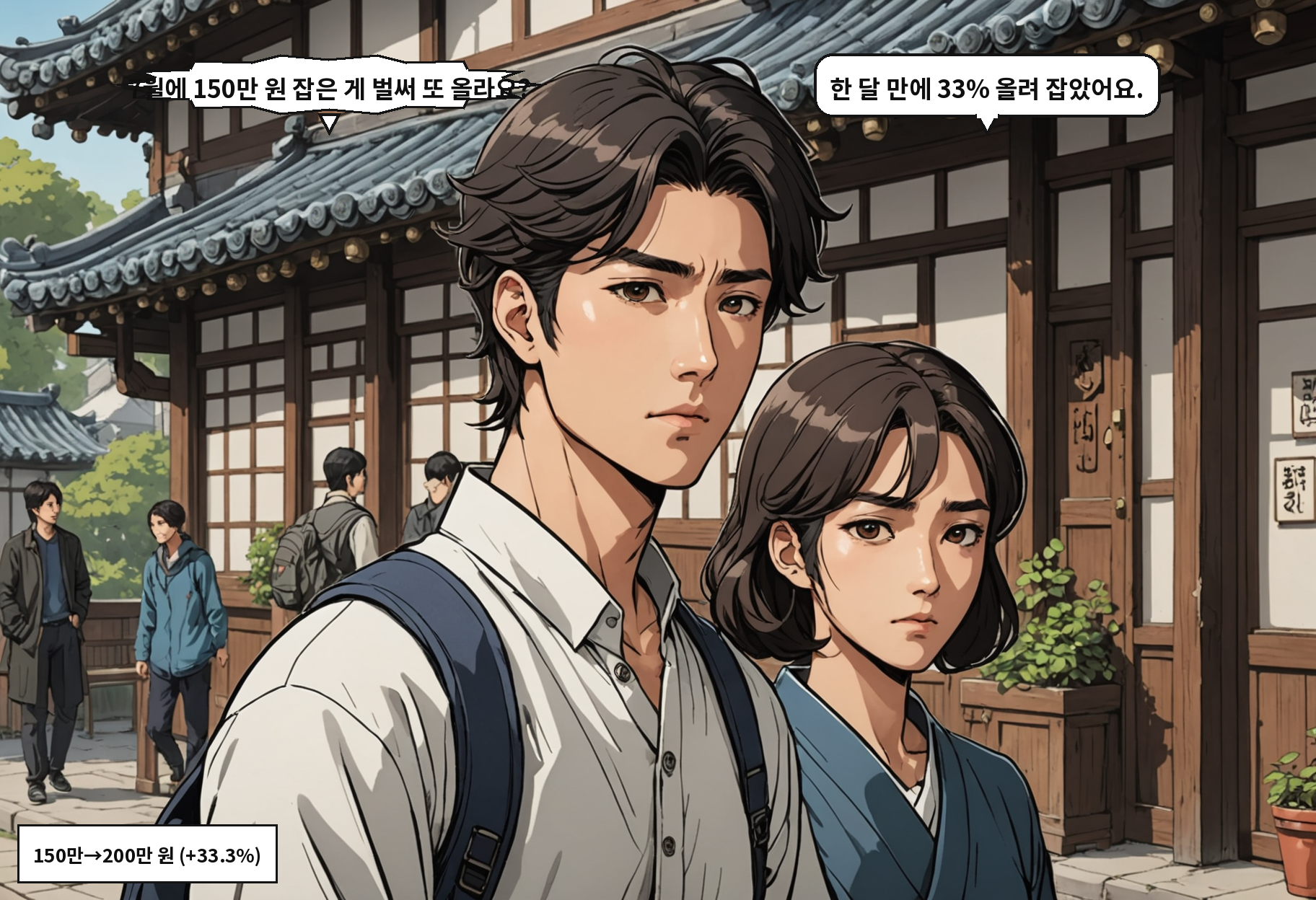 B: 7월에 150만 원 잡은 게 벌써 또 올라요? A: 한 달 만에 33% 올려 잡았어요.
