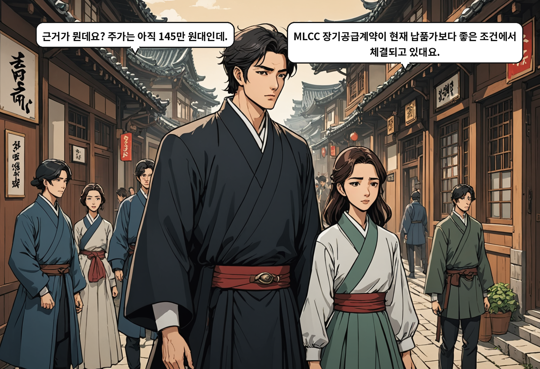 B: 근거가 뭔데요? 주가는 아직 145만 원대인데. A: MLCC 장기공급계약이 현재 납품가보다 좋은 조건에서 체결되고 있대요.