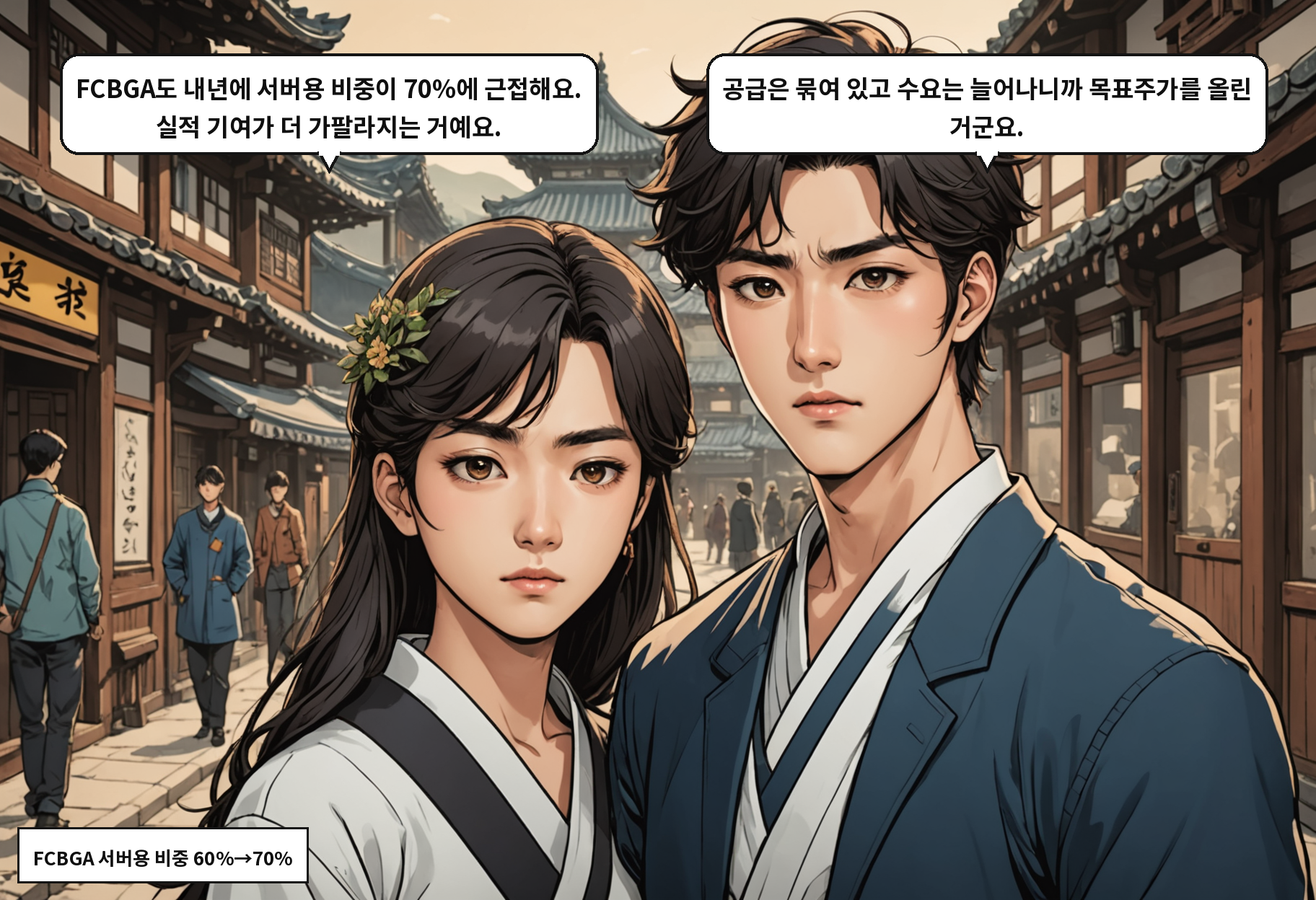 A: FCBGA도 내년에 서버용 비중이 70%에 근접해요. 실적 기여가 더 가팔라지는 거예요. B: 공급은 묶여 있고 수요는 늘어나니까 목표주가를 올린 거군요.