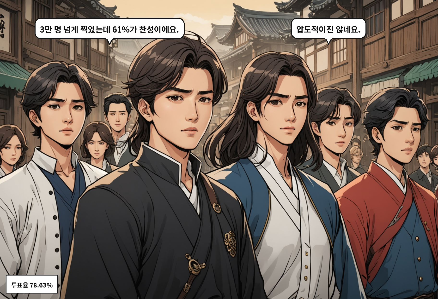 B: 3만 명 넘게 찍었는데 61%가 찬성이에요. A: 압도적이진 않네요.