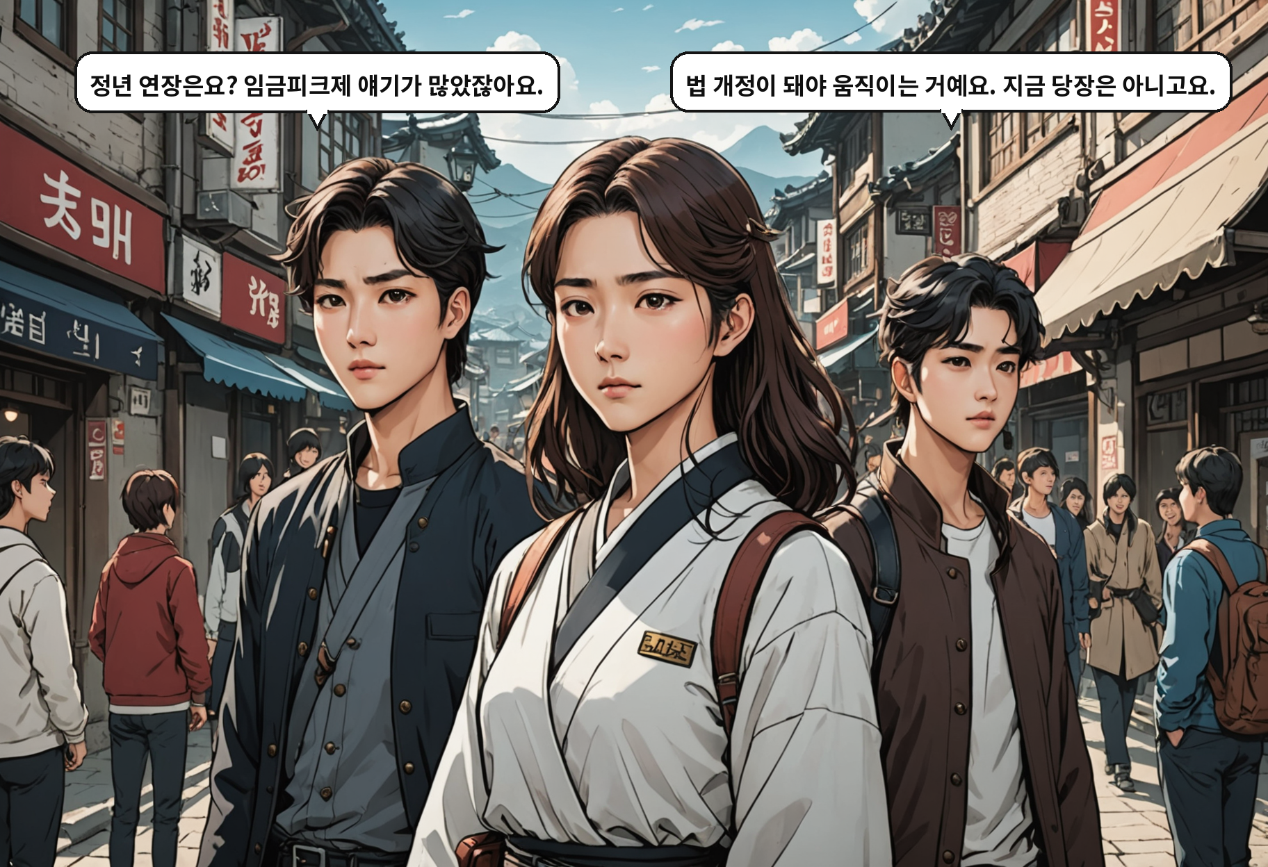 B: 정년 연장은요? 임금피크제 얘기가 많았잖아요. A: 법 개정이 돼야 움직이는 거예요. 지금 당장은 아니고요.