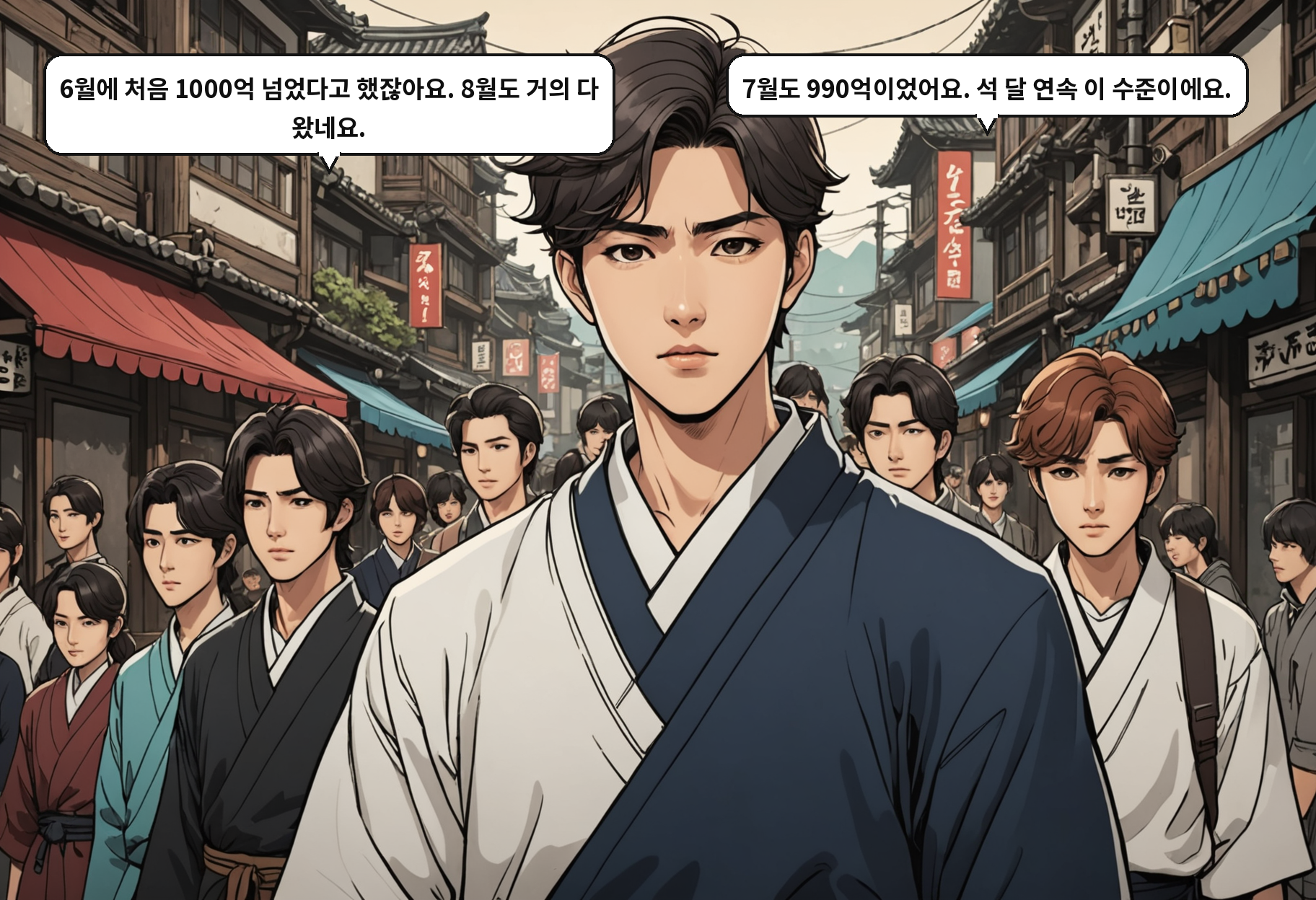 B: 6월에 처음 1000억 넘었다고 했잖아요. 8월도 거의 다 왔네요. A: 7월도 990억이었어요. 석 달 연속 이 수준이에요.