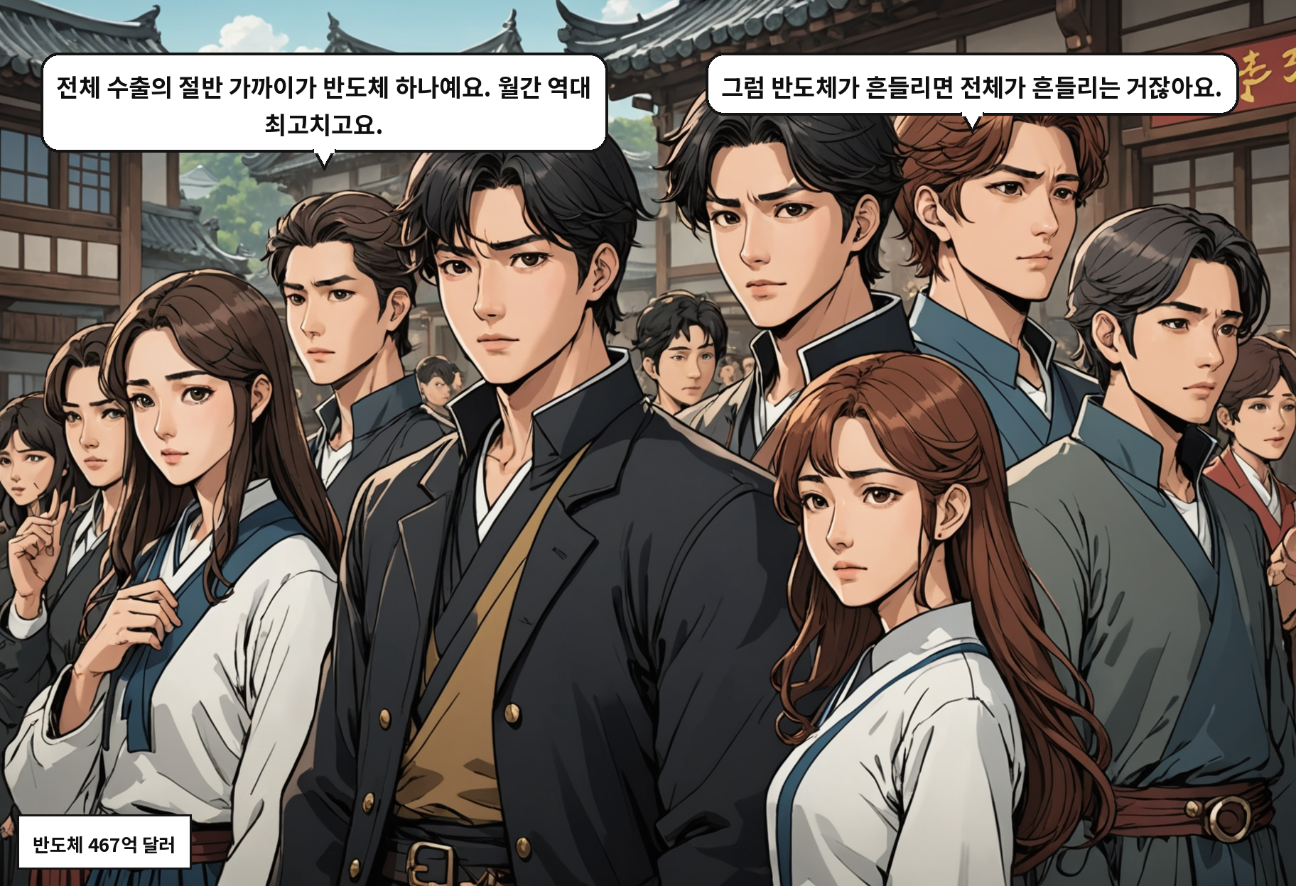 A: 전체 수출의 절반 가까이가 반도체 하나예요. 월간 역대 최고치고요. B: 그럼 반도체가 흔들리면 전체가 흔들리는 거잖아요.