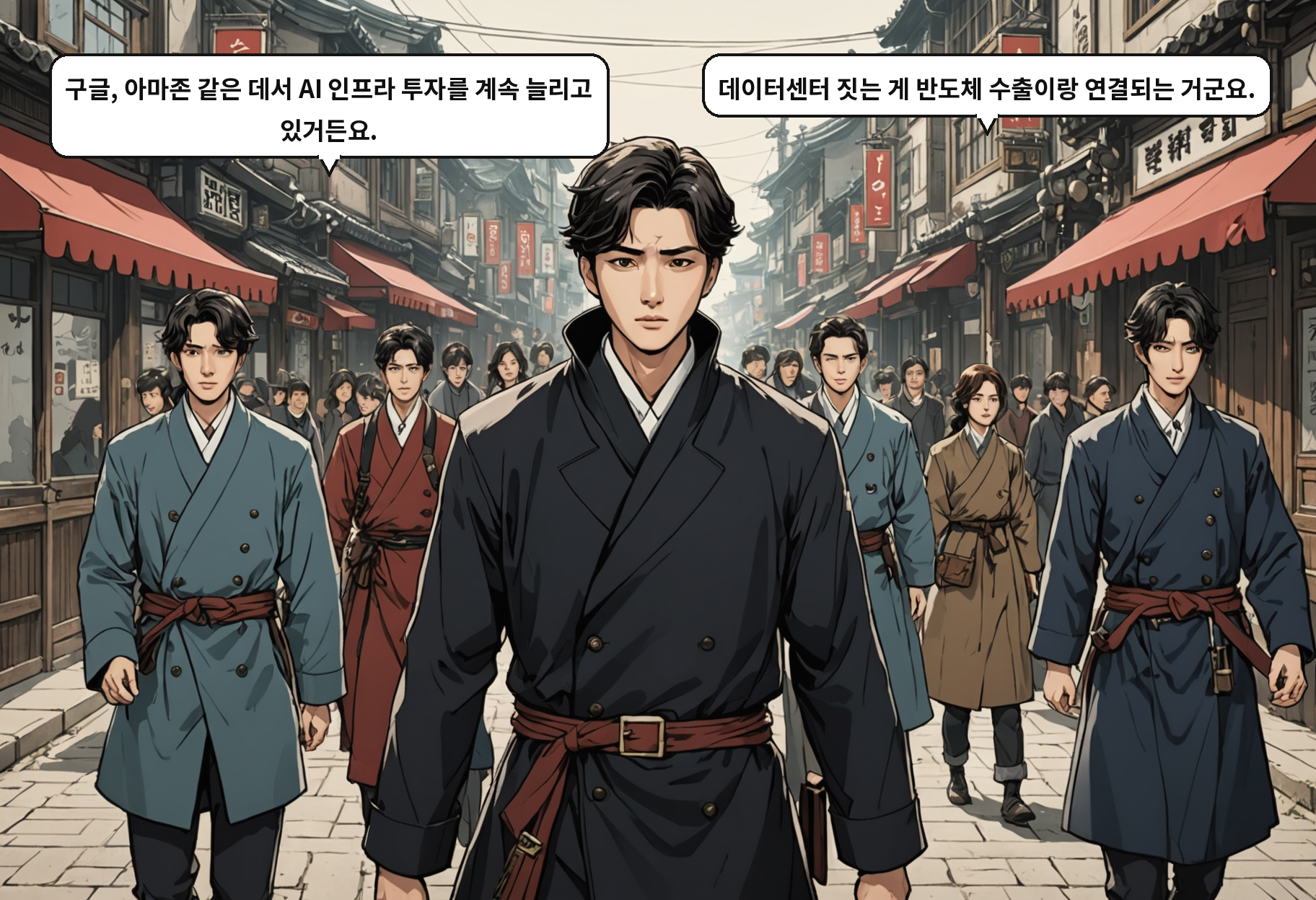 A: 구글, 아마존 같은 데서 AI 인프라 투자를 계속 늘리고 있거든요. B: 데이터센터 짓는 게 반도체 수출이랑 연결되는 거군요.