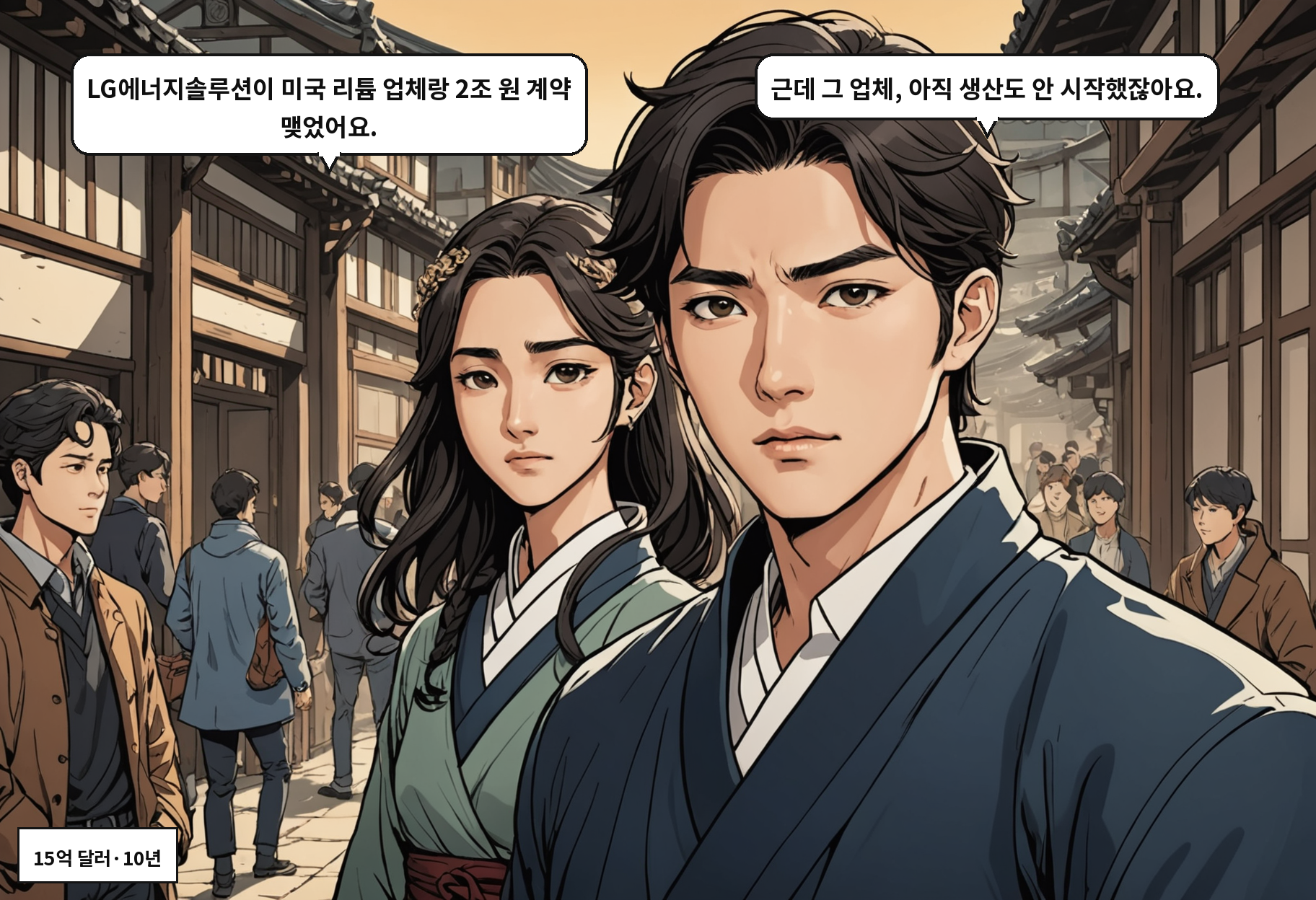 A: LG에너지솔루션이 미국 리튬 업체랑 2조 원 계약 맺었어요. B: 근데 그 업체, 아직 생산도 안 시작했잖아요.