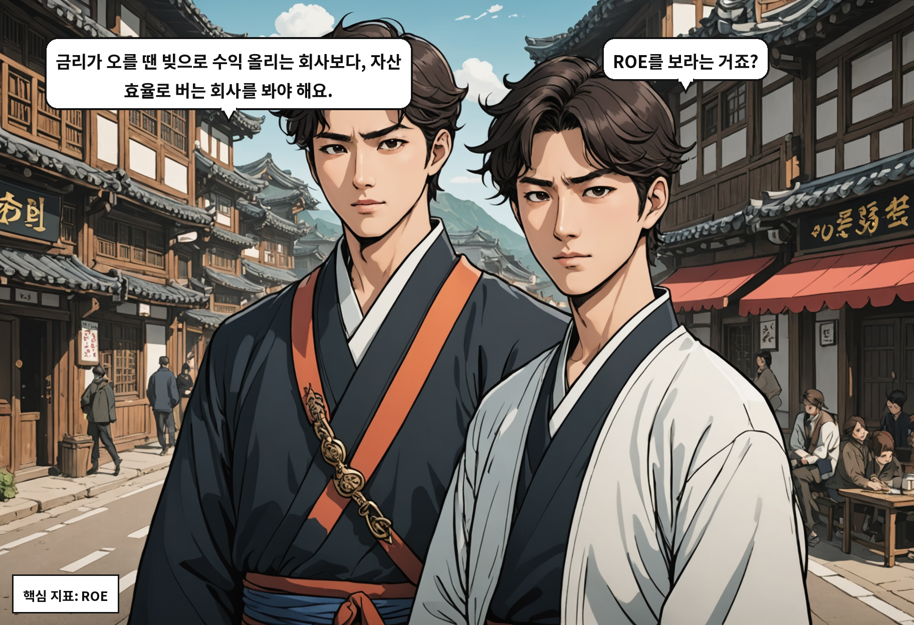 A: 금리가 오를 땐 빚으로 수익 올리는 회사보다, 자산 효율로 버는 회사를 봐야 해요. B: ROE를 보라는 거죠?