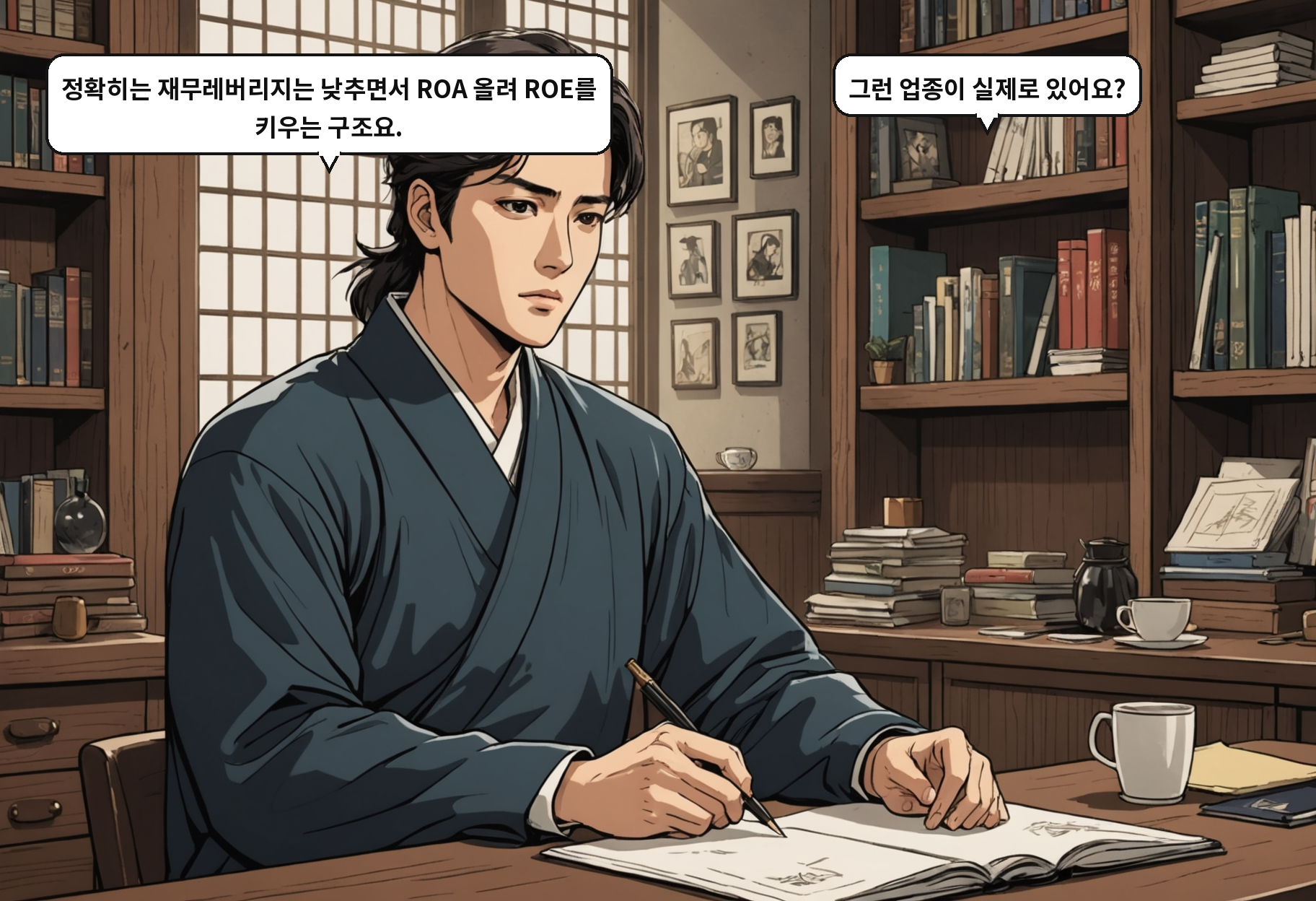 A: 정확히는 재무레버리지는 낮추면서 ROA 올려 ROE를 키우는 구조요. B: 그런 업종이 실제로 있어요?