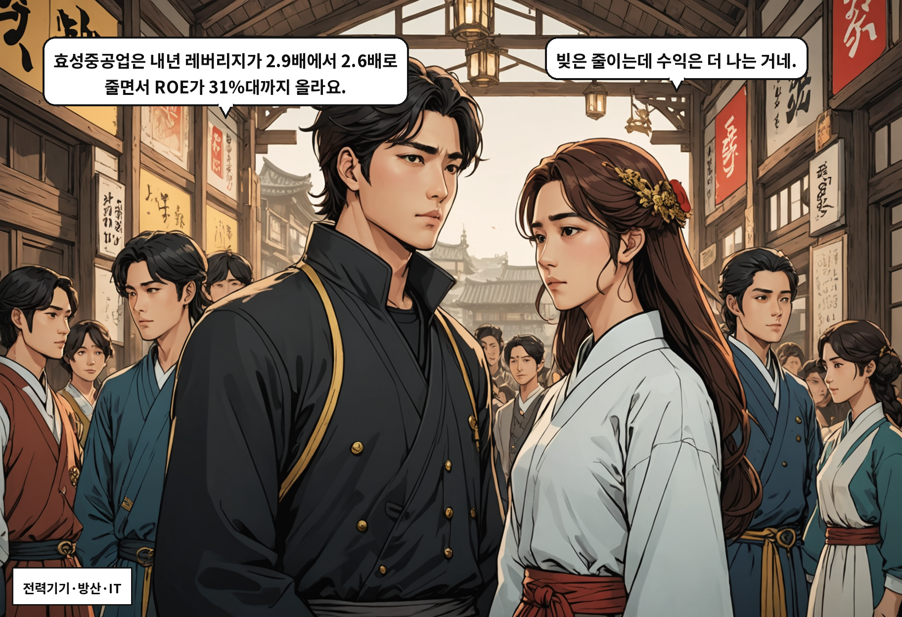 A: 효성중공업은 내년 레버리지가 2.9배에서 2.6배로 줄면서 ROE가 31%대까지 올라요. B: 빚은 줄이는데 수익은 더 나는 거네.