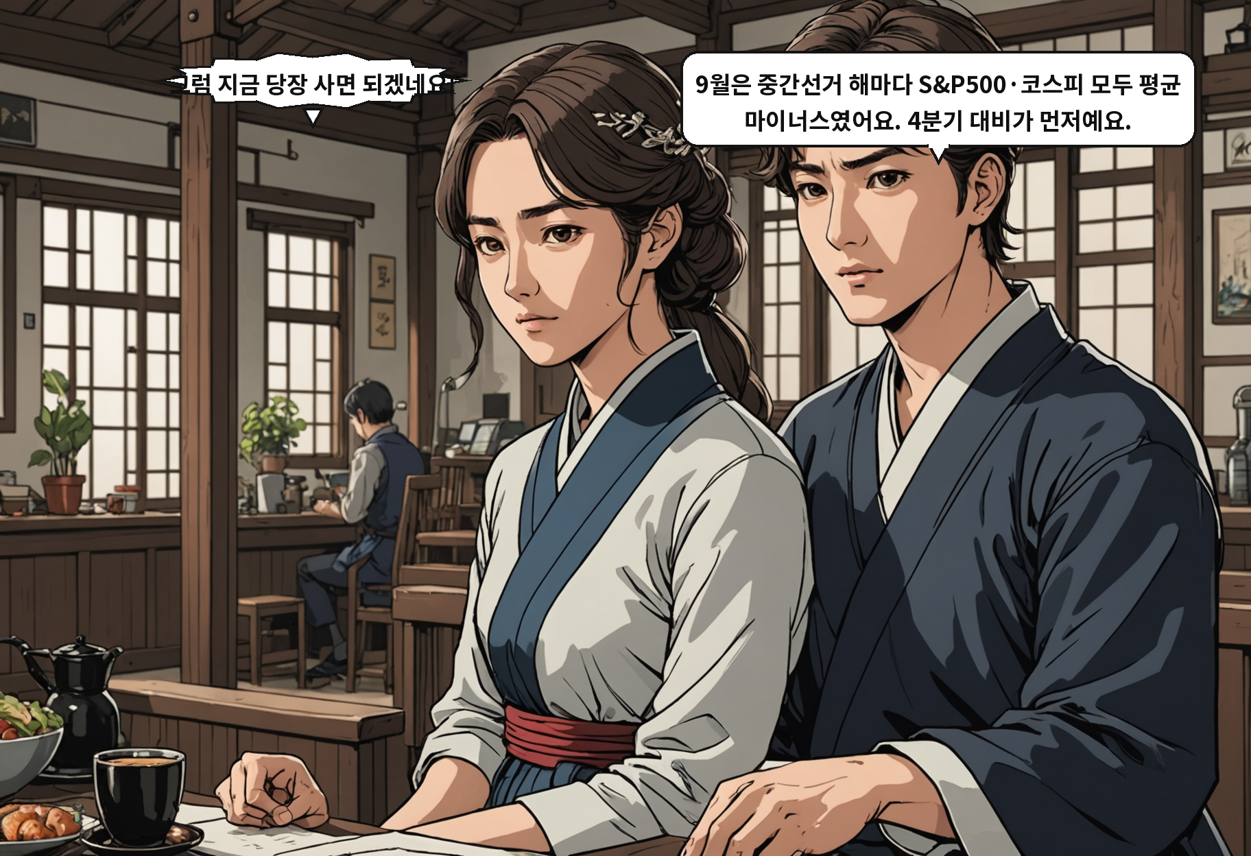 B: 그럼 지금 당장 사면 되겠네요! A: 9월은 중간선거 해마다 S&P500·코스피 모두 평균 마이너스였어요. 4분기 대비가 먼저예요.