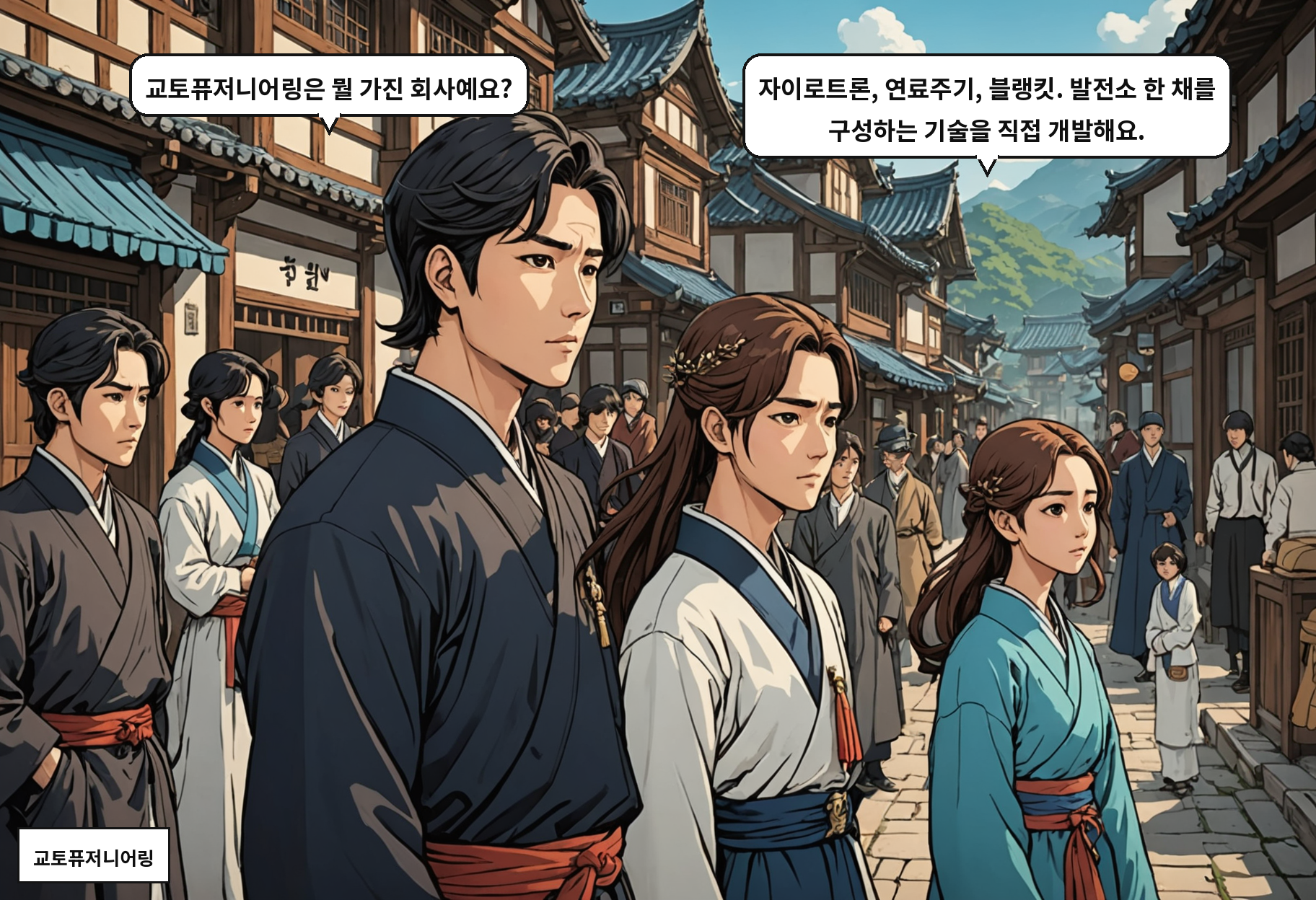 A: 교토퓨저니어링은 뭘 가진 회사예요? B: 자이로트론, 연료주기, 블랭킷. 발전소 한 채를 구성하는 기술을 직접 개발해요.