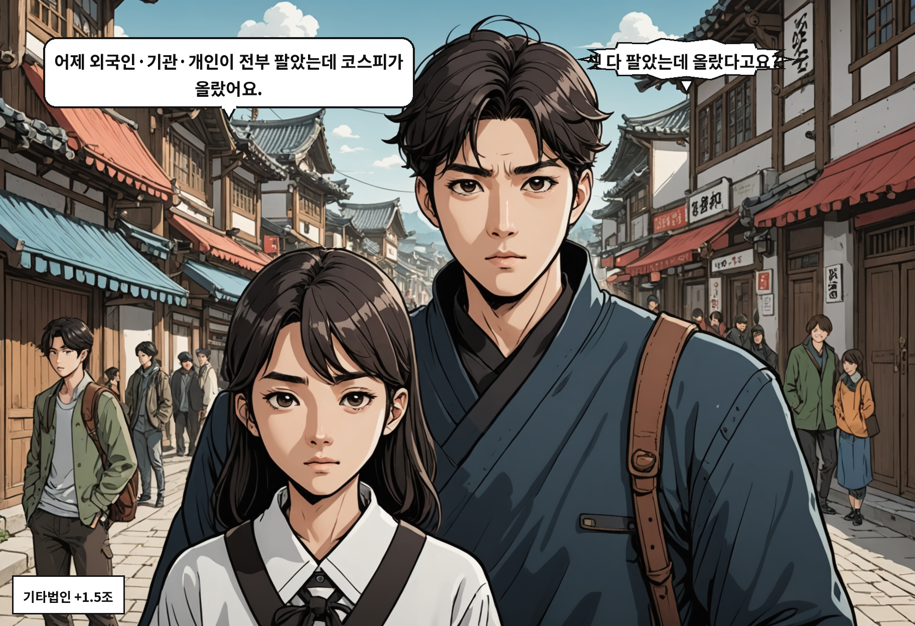 A: 어제 외국인·기관·개인이 전부 팔았는데 코스피가 올랐어요. B: 셋 다 팔았는데 올랐다고요?!