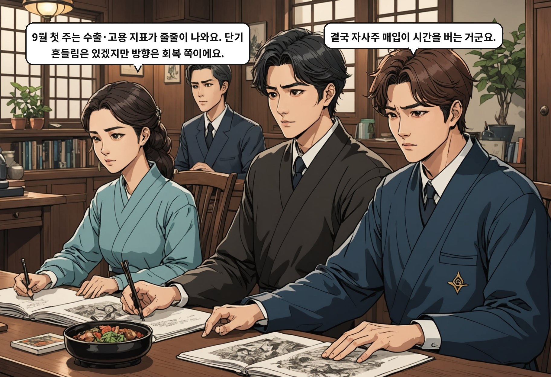 A: 9월 첫 주는 수출·고용 지표가 줄줄이 나와요. 단기 흔들림은 있겠지만 방향은 회복 쪽이에요. B: 결국 자사주 매입이 시간을 버는 거군요.