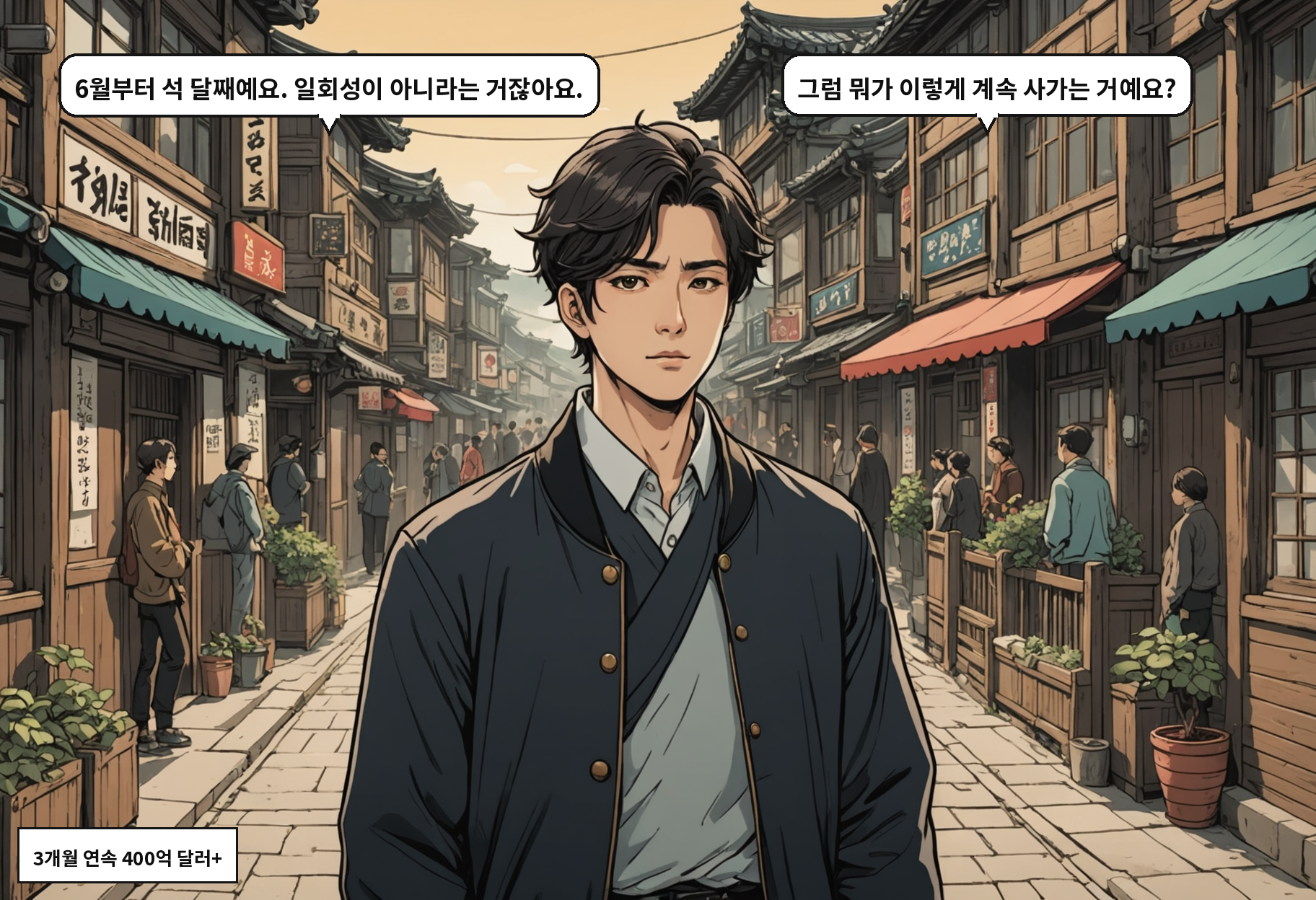 A: 6월부터 석 달째예요. 일회성이 아니라는 거잖아요. B: 그럼 뭐가 이렇게 계속 사가는 거예요?