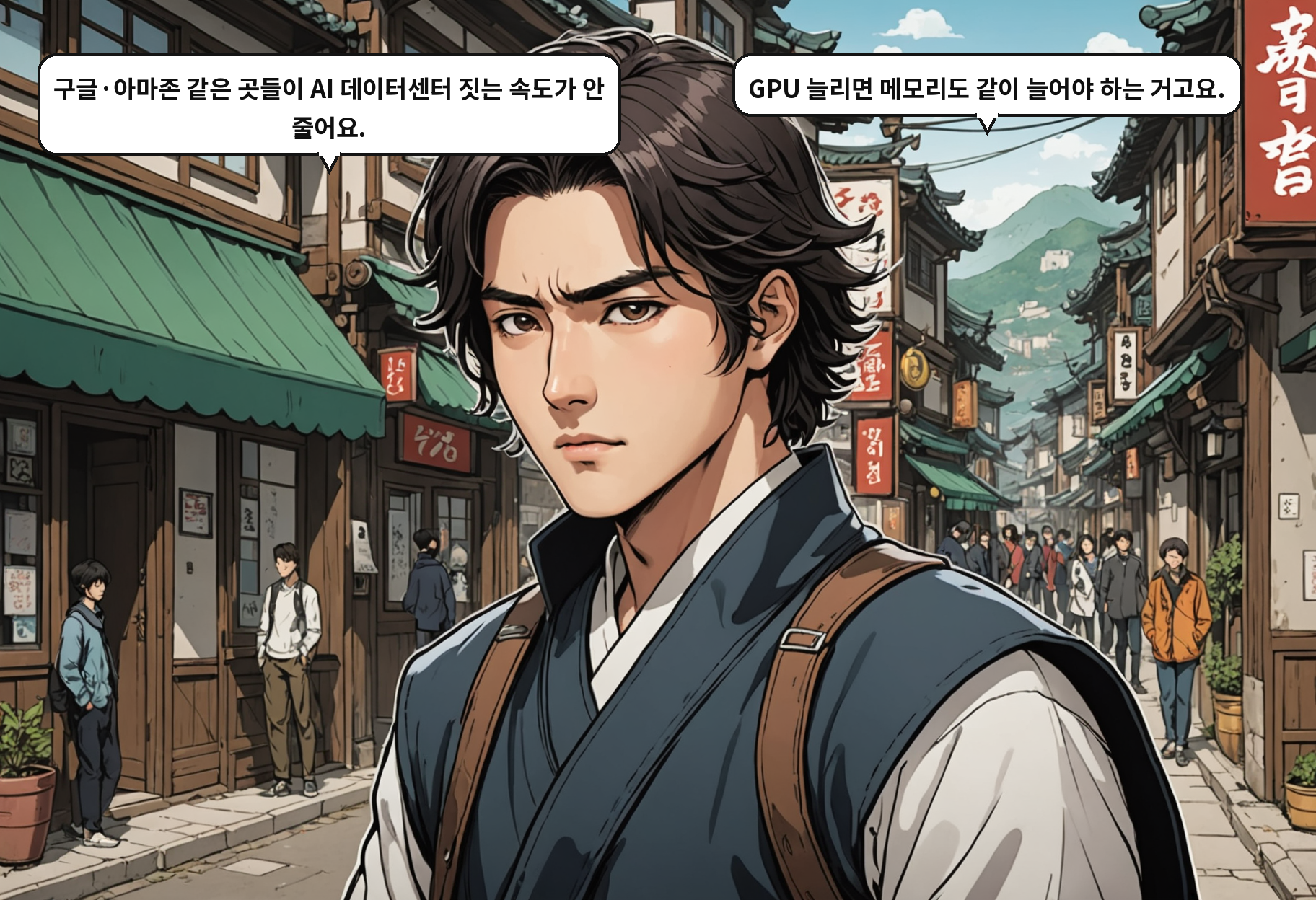 A: 구글·아마존 같은 곳들이 AI 데이터센터 짓는 속도가 안 줄어요. B: GPU 늘리면 메모리도 같이 늘어야 하는 거고요.