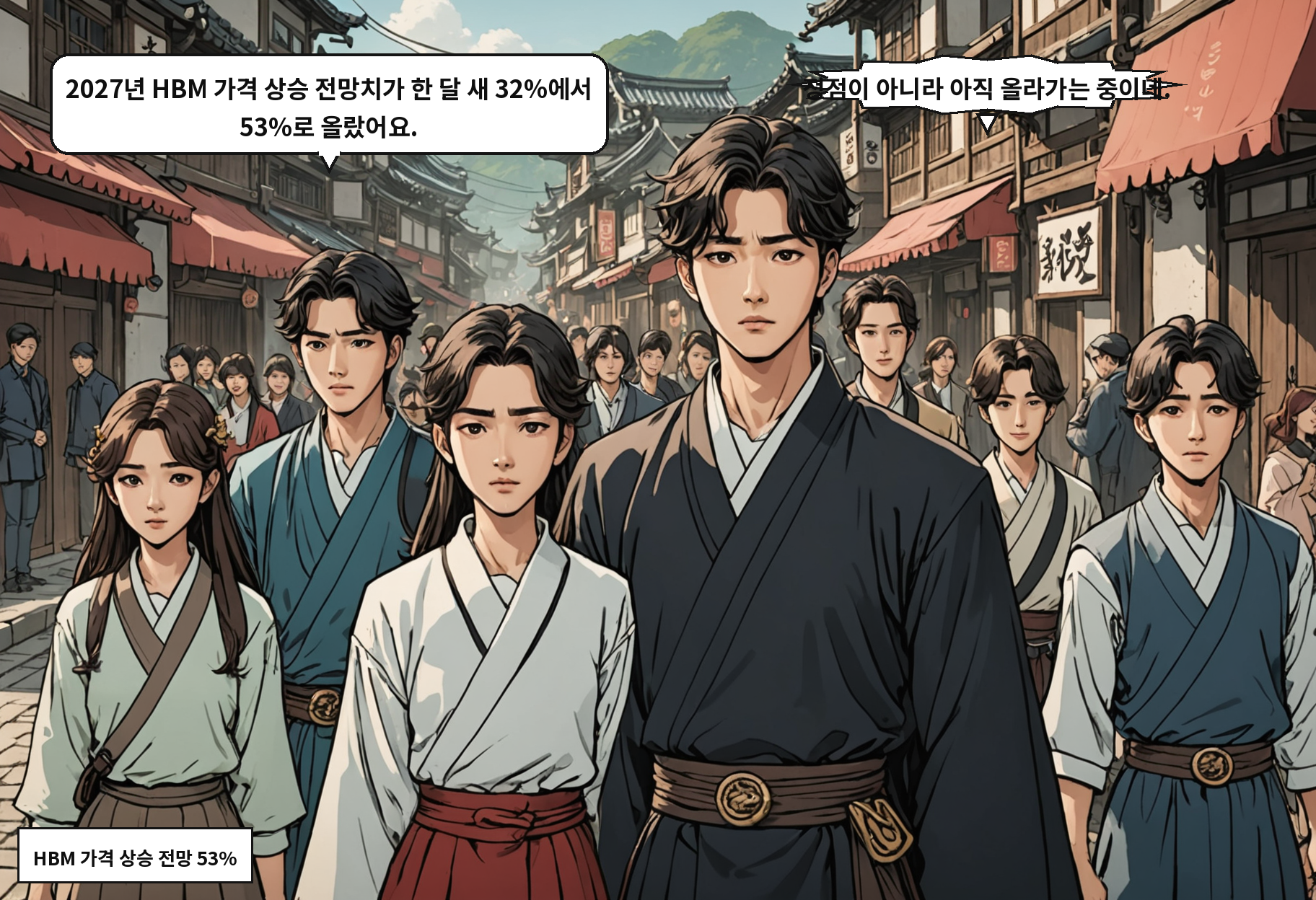 A: 2027년 HBM 가격 상승 전망치가 한 달 새 32%에서 53%로 올랐어요. B: 정점이 아니라 아직 올라가는 중이네.