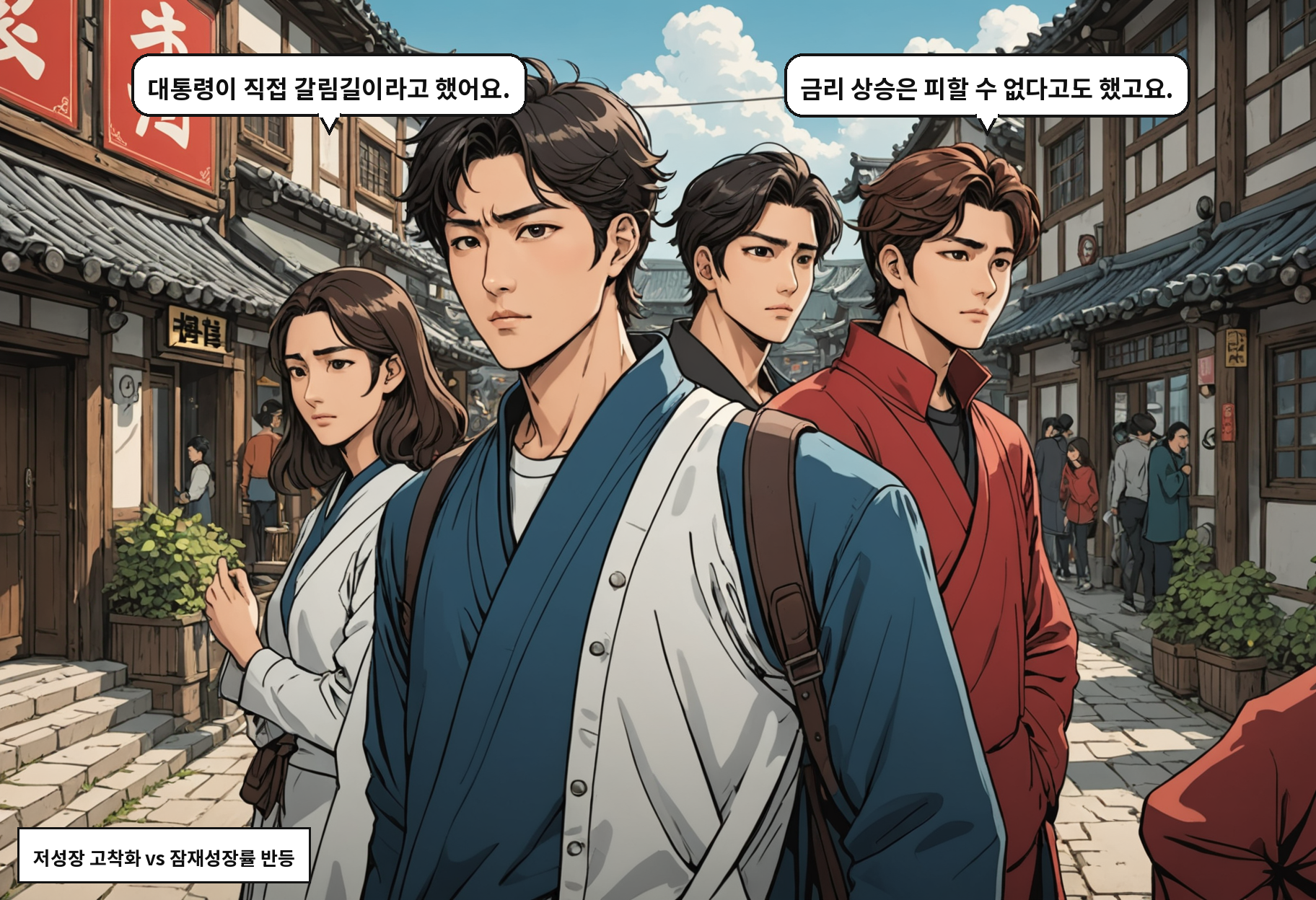 B: 대통령이 직접 갈림길이라고 했어요. A: 금리 상승은 피할 수 없다고도 했고요.