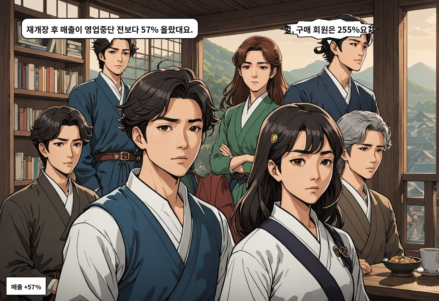 A: 재개장 후 매출이 영업중단 전보다 57% 올랐대요. B: 헐, 구매 회원은 255%요?!