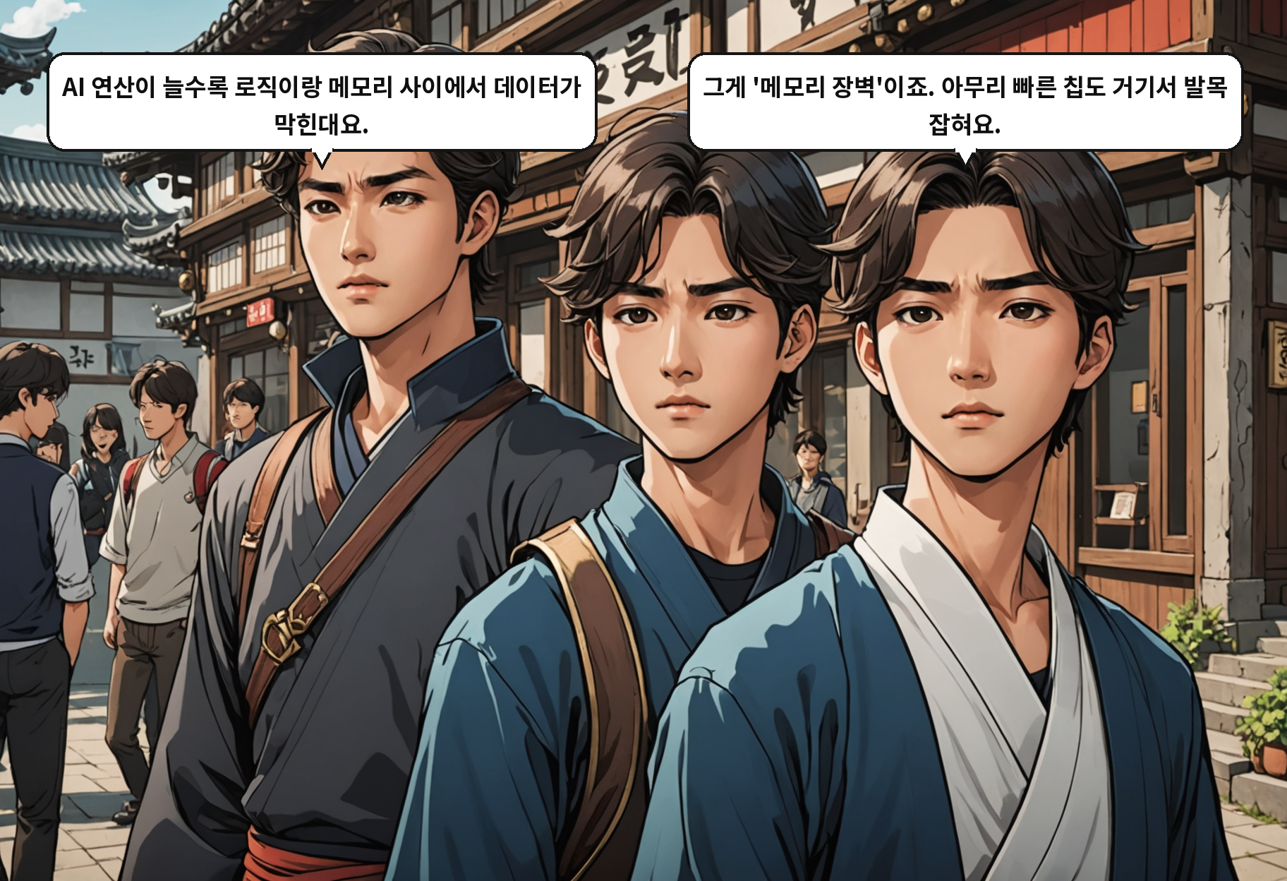 A: AI 연산이 늘수록 로직이랑 메모리 사이에서 데이터가 막힌대요. B: 그게 '메모리 장벽'이죠. 아무리 빠른 칩도 거기서 발목 잡혀요.