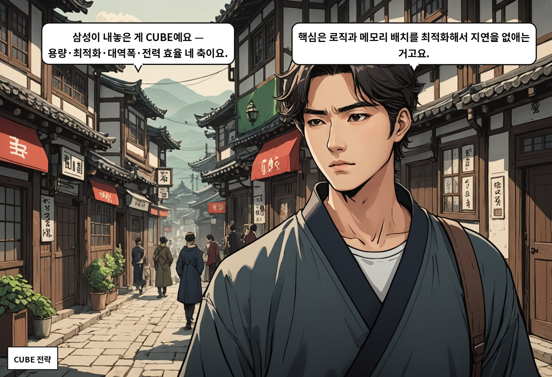 A: 삼성이 내놓은 게 CUBE예요 — 용량·최적화·대역폭·전력 효율 네 축이요. B: 핵심은 로직과 메모리 배치를 최적화해서 지연을 없애는 거고요.