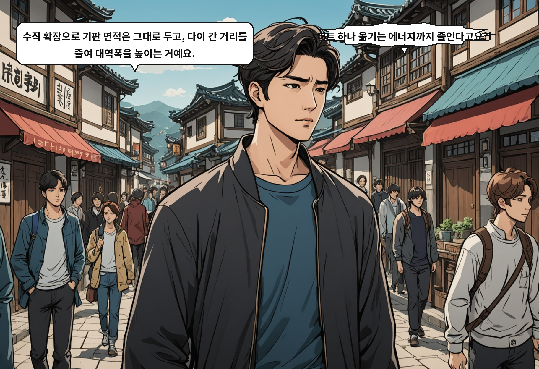 B: 수직 확장으로 기판 면적은 그대로 두고, 다이 간 거리를 줄여 대역폭을 높이는 거예요. A: 비트 하나 옮기는 에너지까지 줄인다고요?!