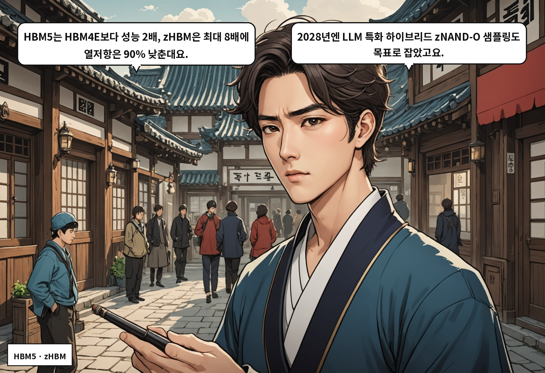 A: HBM5는 HBM4E보다 성능 2배, zHBM은 최대 8배에 열저항은 90% 낮춘대요. B: 2028년엔 LLM 특화 하이브리드 zNAND-O 샘플링도 목표로 잡았고요.