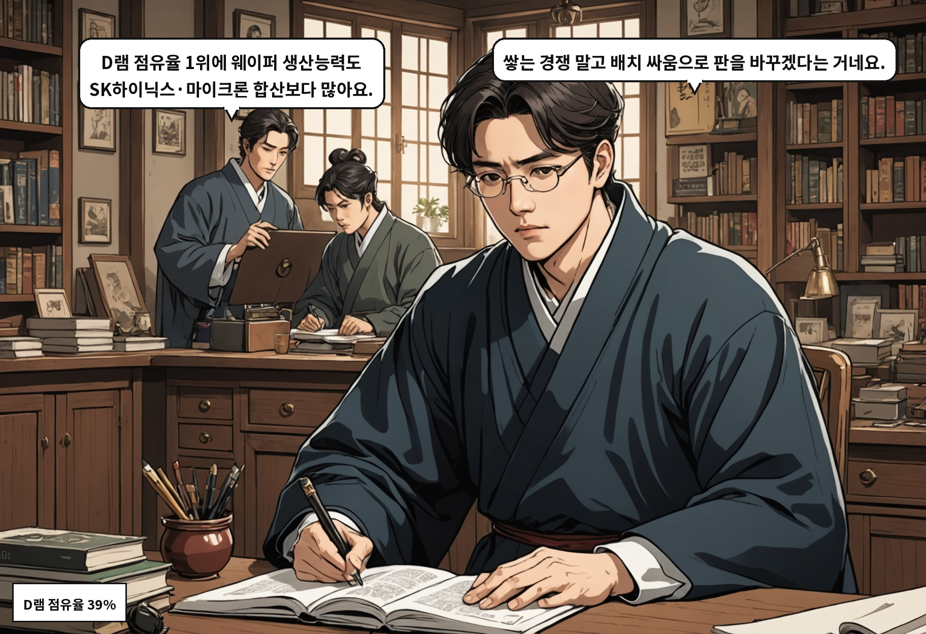 B: D램 점유율 1위에 웨이퍼 생산능력도 SK하이닉스·마이크론 합산보다 많아요. A: 쌓는 경쟁 말고 배치 싸움으로 판을 바꾸겠다는 거네요.