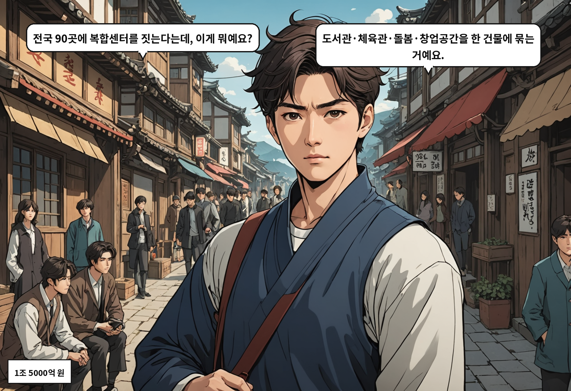 A: 전국 90곳에 복합센터를 짓는다는데, 이게 뭐예요? B: 도서관·체육관·돌봄·창업공간을 한 건물에 묶는 거예요.