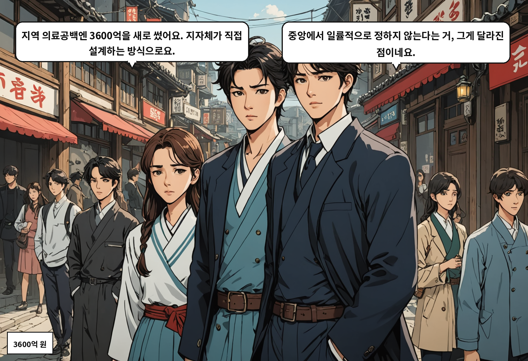 B: 지역 의료공백엔 3600억을 새로 썼어요. 지자체가 직접 설계하는 방식으로요. A: 중앙에서 일률적으로 정하지 않는다는 거, 그게 달라진 점이네요.