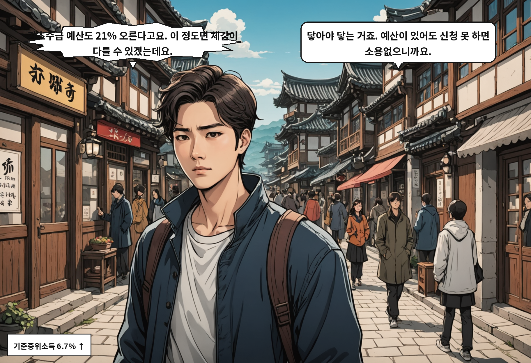 B: 기초수급 예산도 21% 오른다고요. 이 정도면 체감이 다를 수 있겠는데요. A: 닿아야 닿는 거죠. 예산이 있어도 신청 못 하면 소용없으니까요.