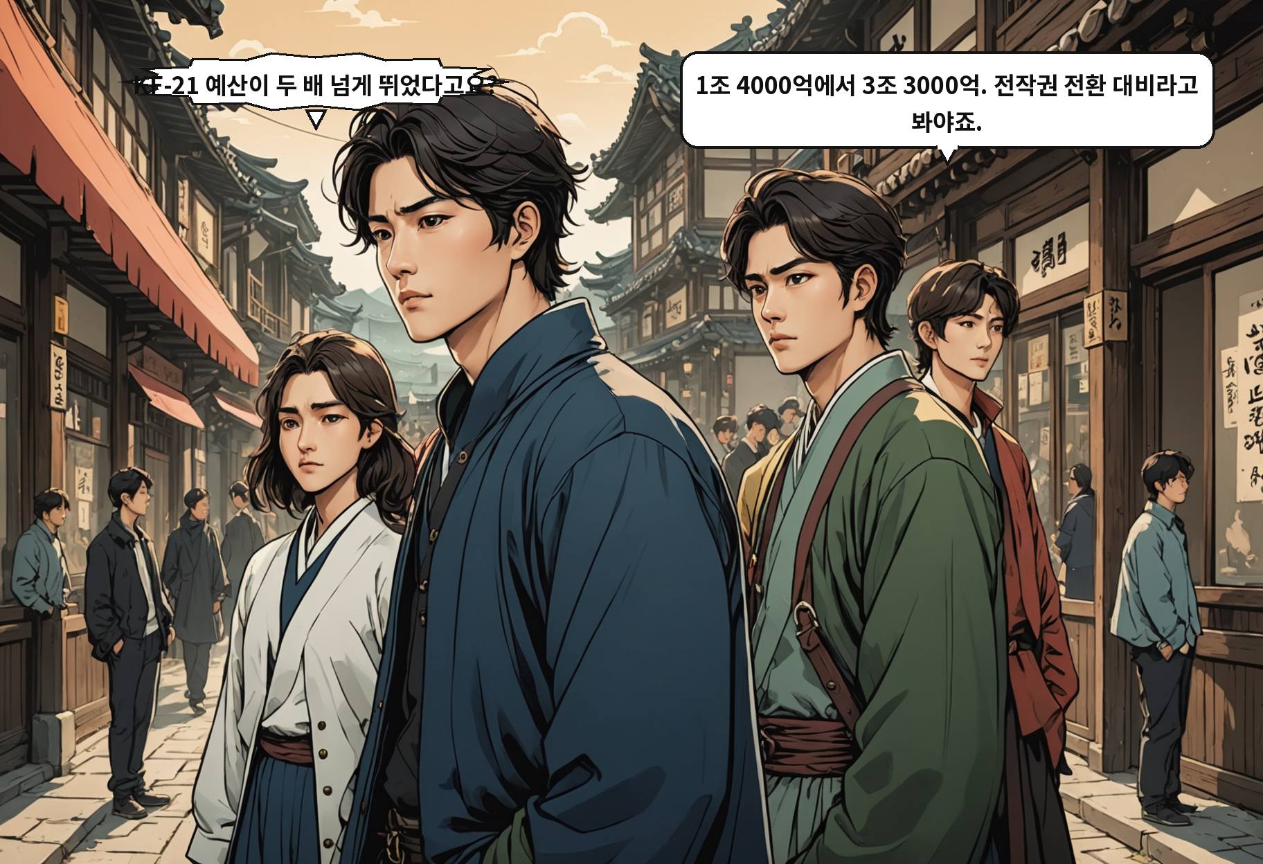A: KF-21 예산이 두 배 넘게 뛰었다고요? B: 1조 4000억에서 3조 3000억. 전작권 전환 대비라고 봐야죠.