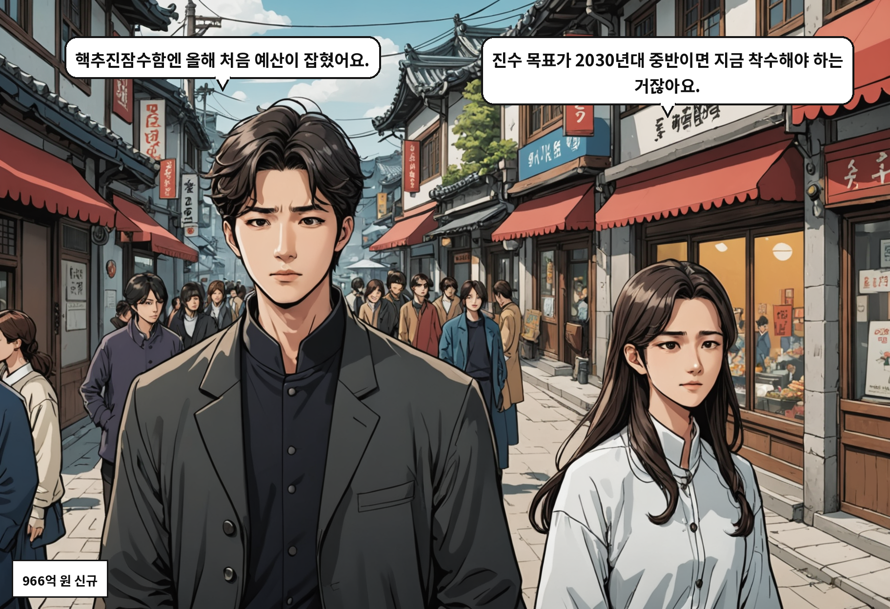 B: 핵추진잠수함엔 올해 처음 예산이 잡혔어요. A: 진수 목표가 2030년대 중반이면 지금 착수해야 하는 거잖아요.
